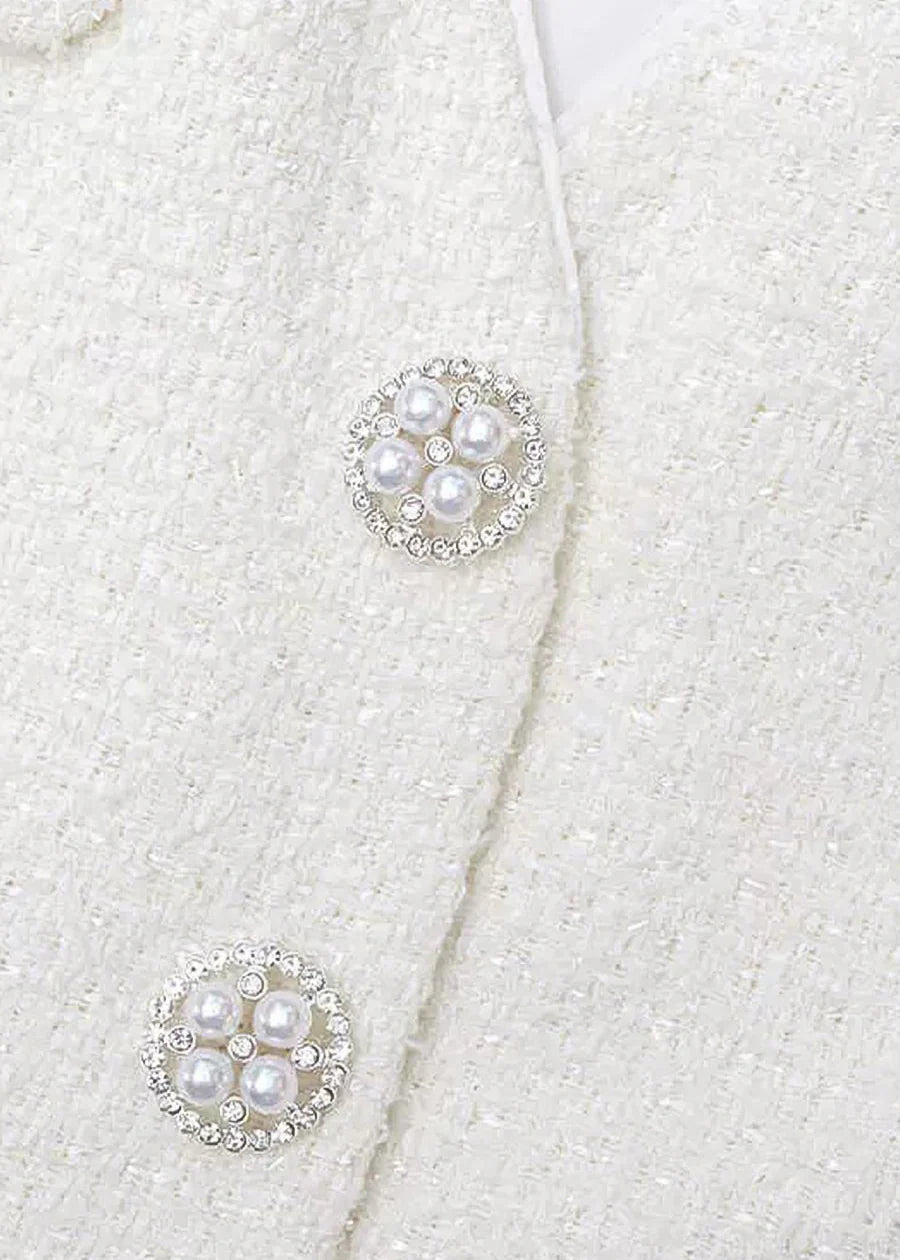 Sleeveless Textured Dress With Silver Buttons - White