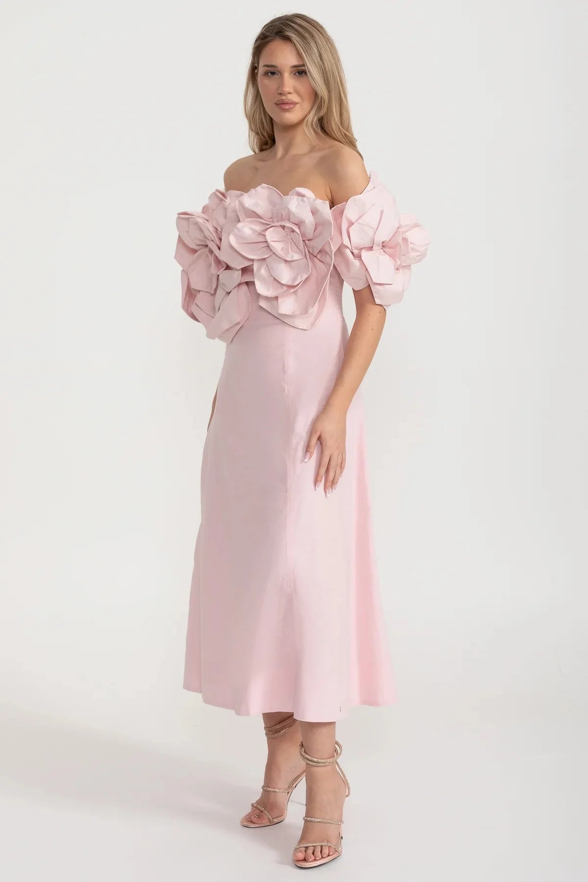 Off-Shoulder Midi Dress with Oversized Floral Appliqués - Pink
