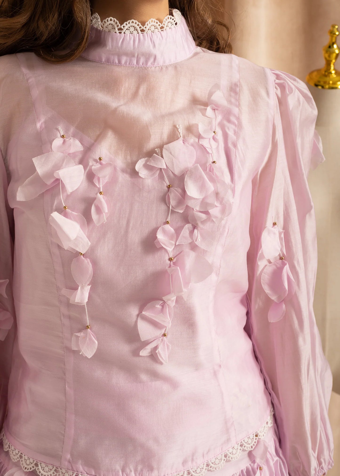 Flower Co-Ord With High Neckline, Lace And Adornments - Pink