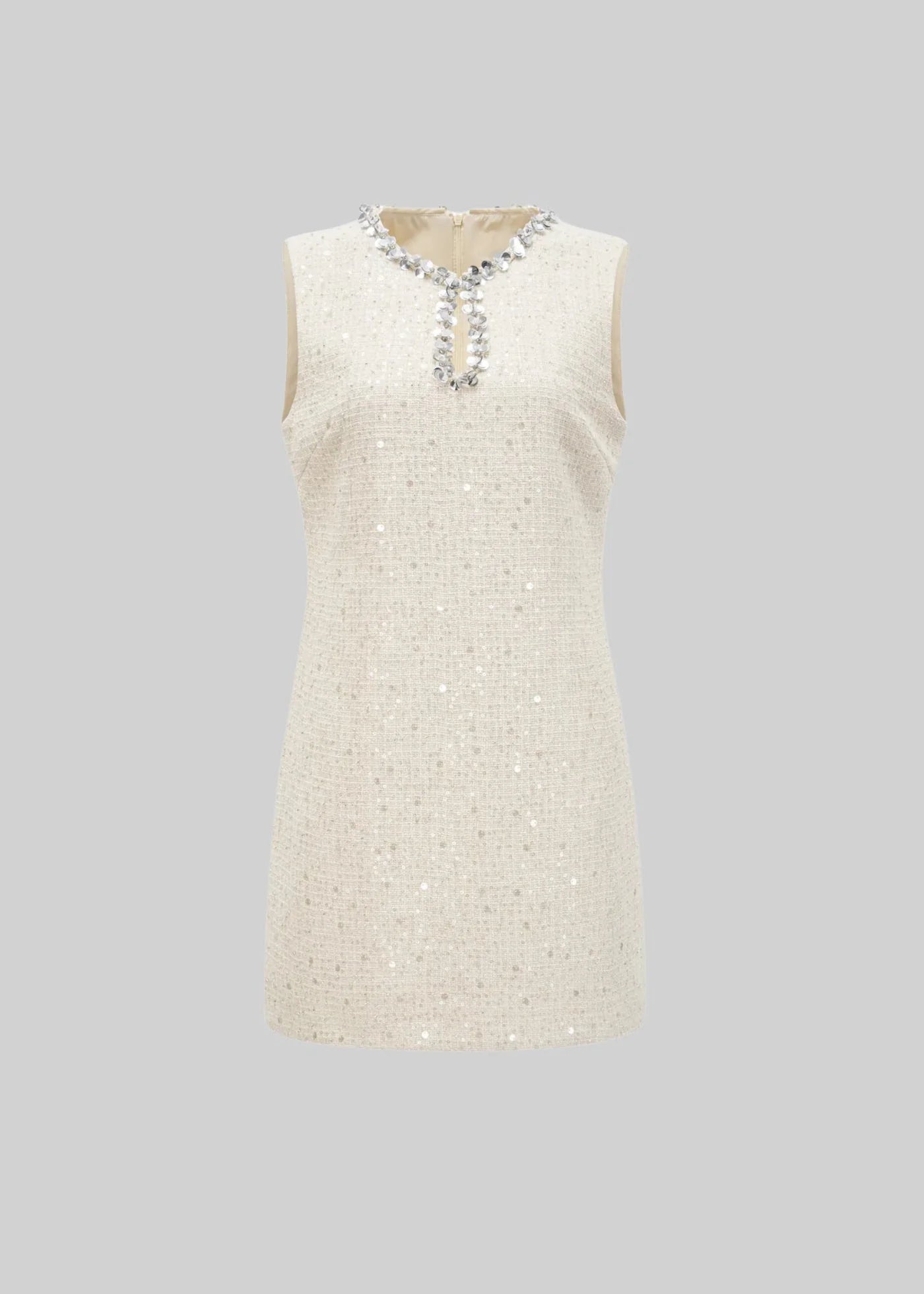 Textured Mini Dress With Silver Sequin Collar Detailing - Ivoire