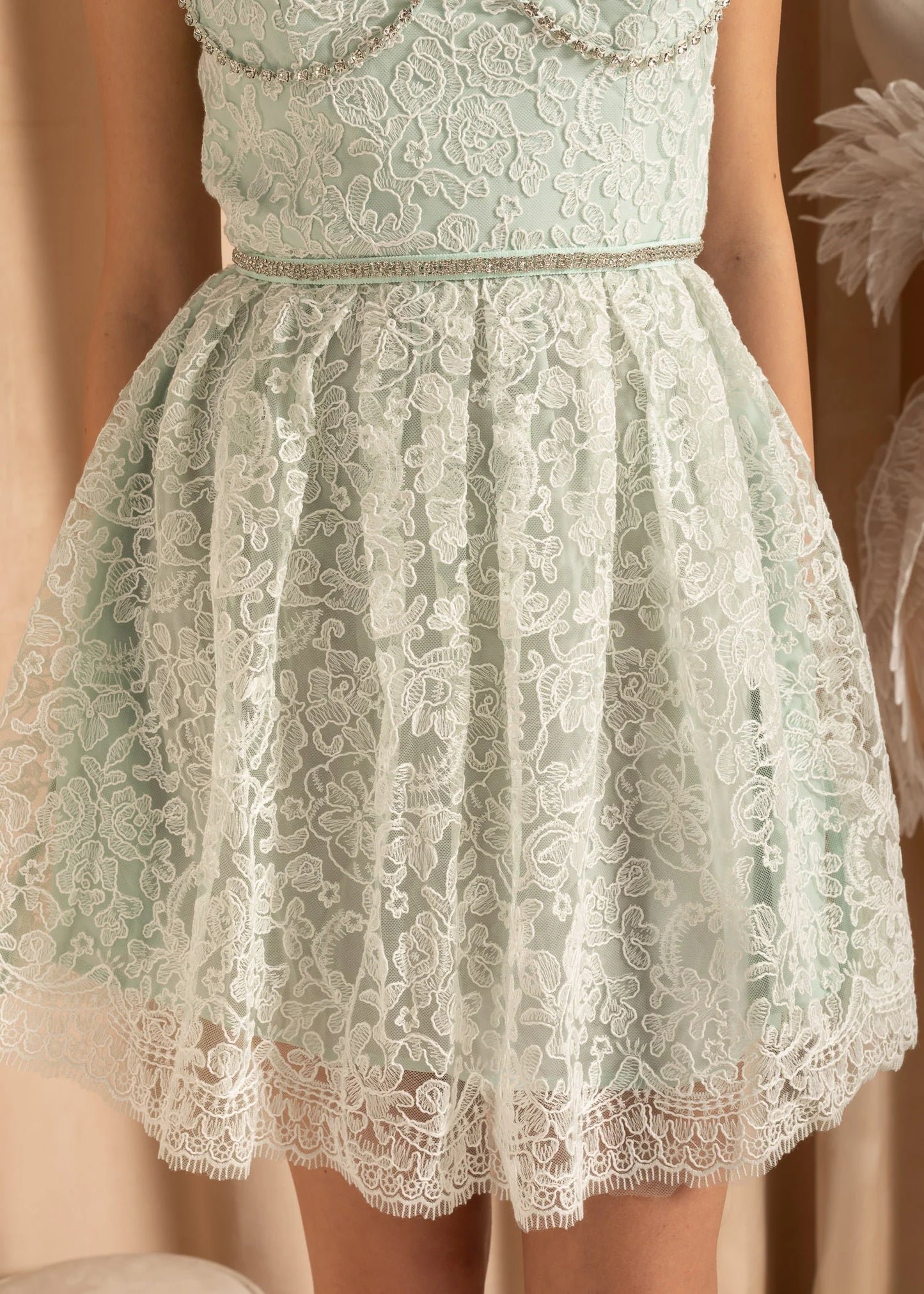 Lace Mini Dress With Floral Pattern Skirt And Sparkling Spaghetti Straps - Turquoise