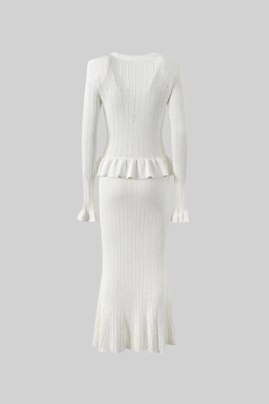 Knit Jacket With Ruffled Hemline & Matching Flared Skirt Set - White