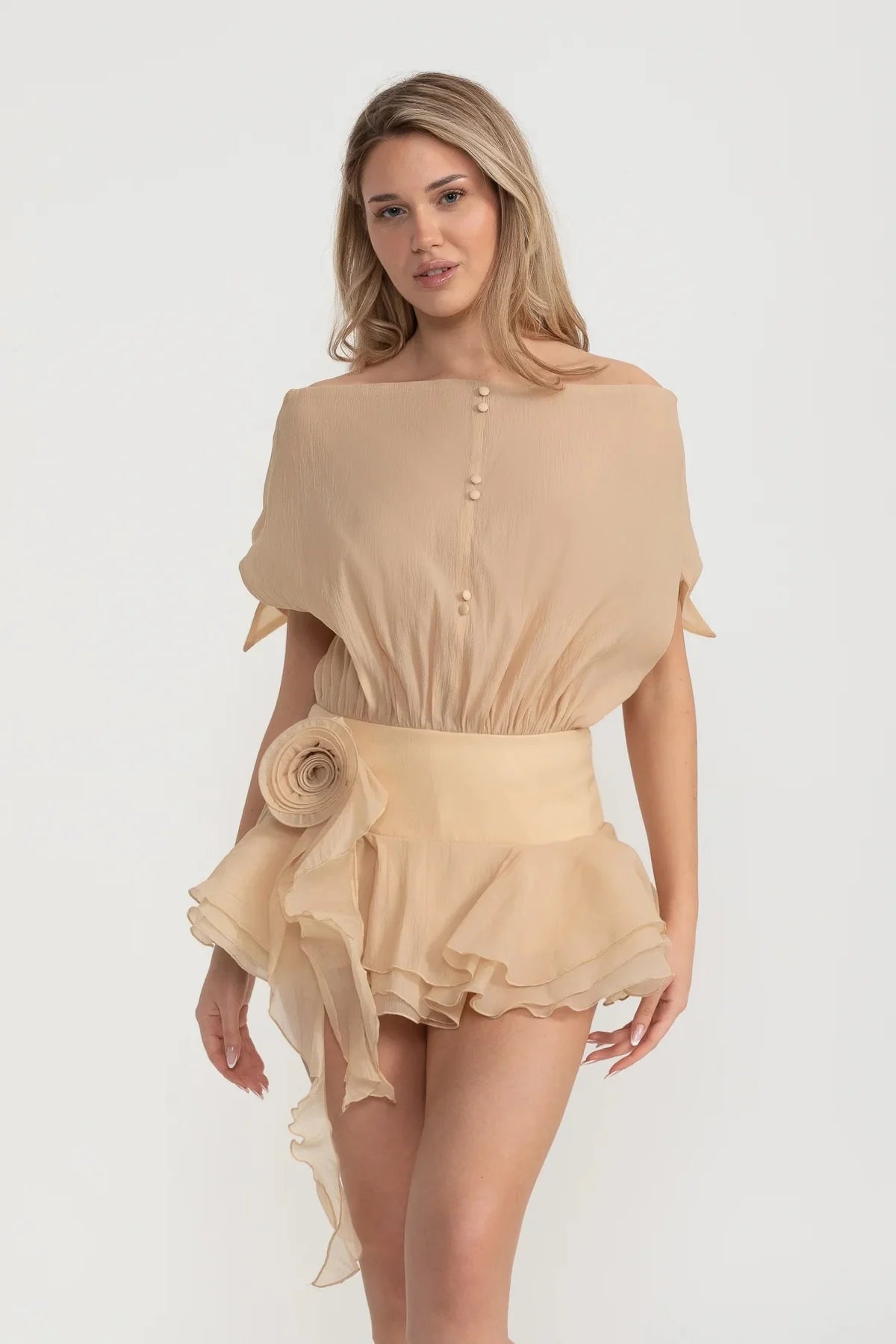 Off-Shoulder Ruffled Romper with Rosette Waist Detail - Beige
