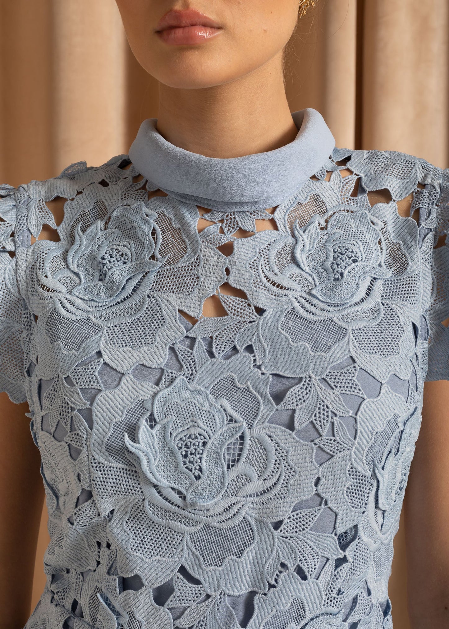 High Collar Lace Midi Dress With Floral Pattern - Blue