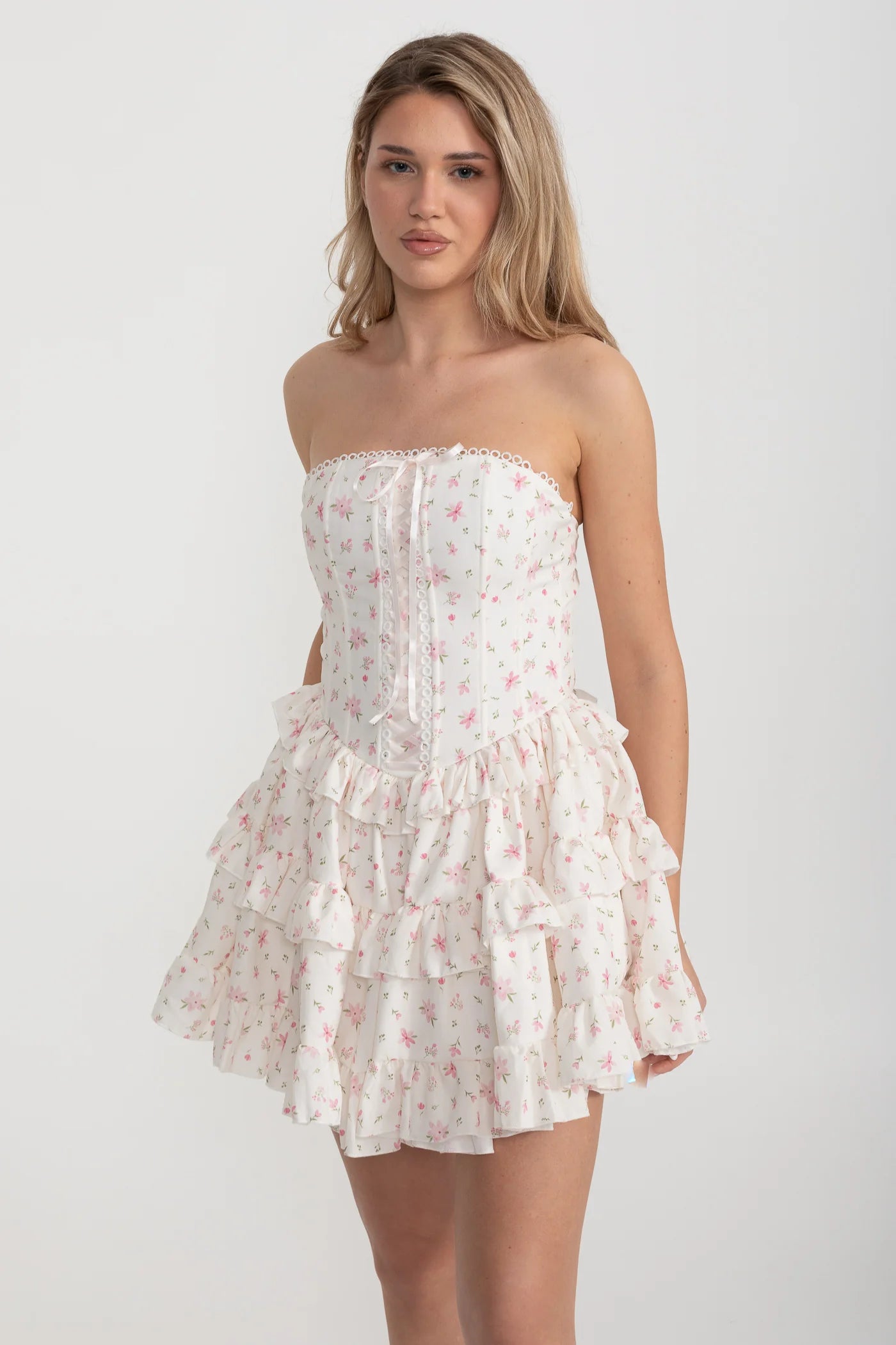 Strapless Ruffled Mini Dress with Floral Print - White/Pink