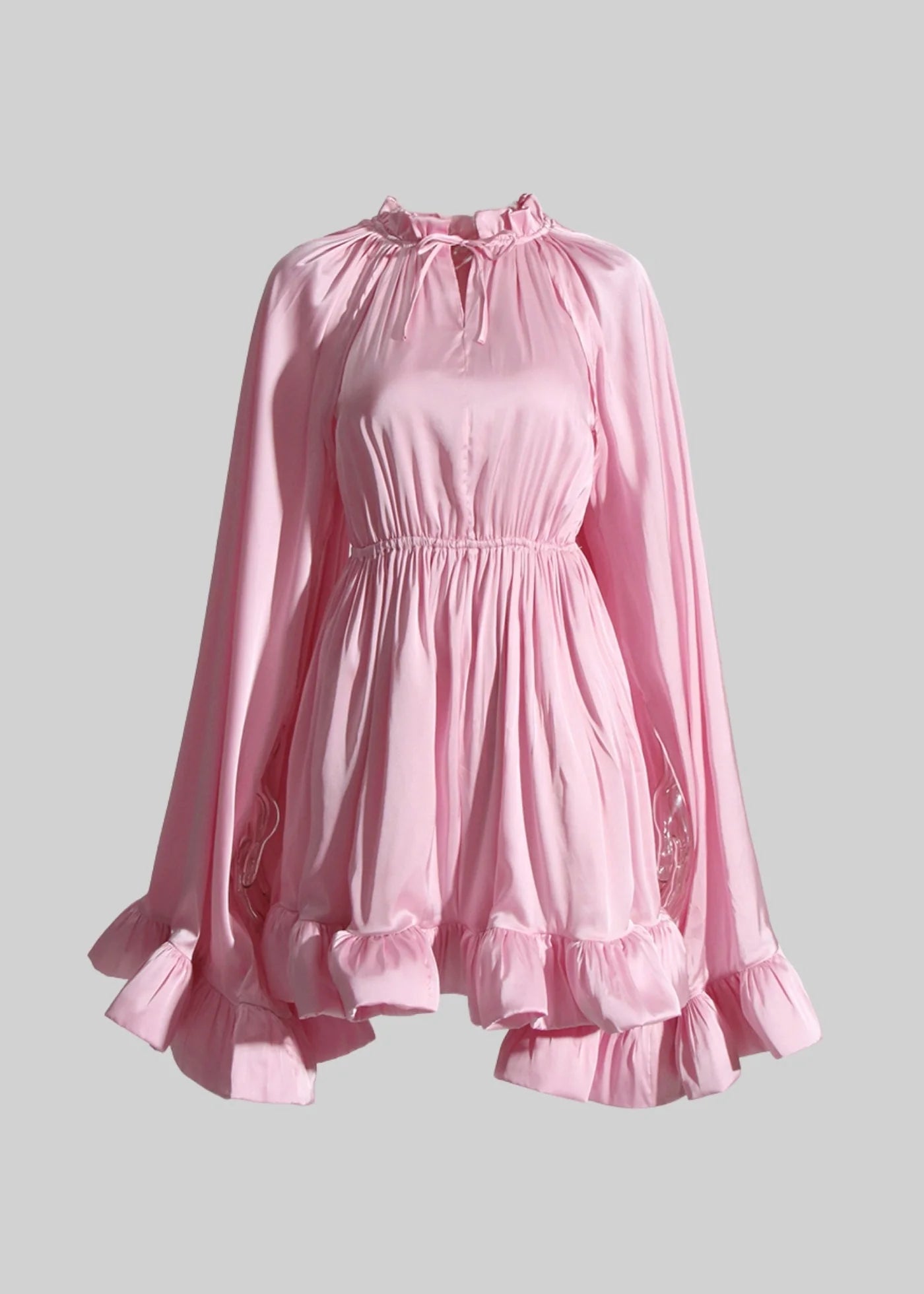 Mini Satin Dress With Flowing Long Sleeves - Pink