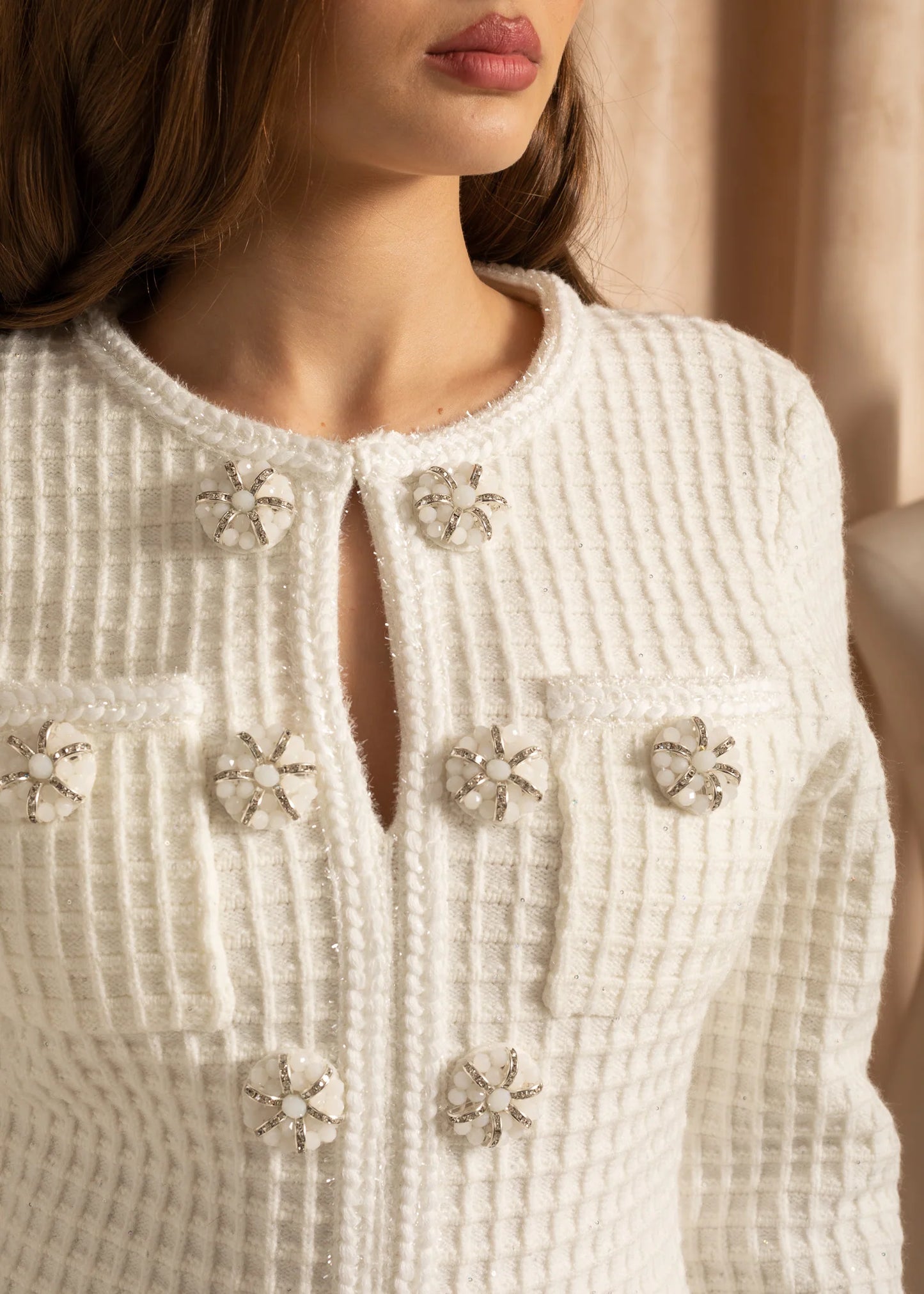 Long Sleeve Knee-Length Knitted Dress - White