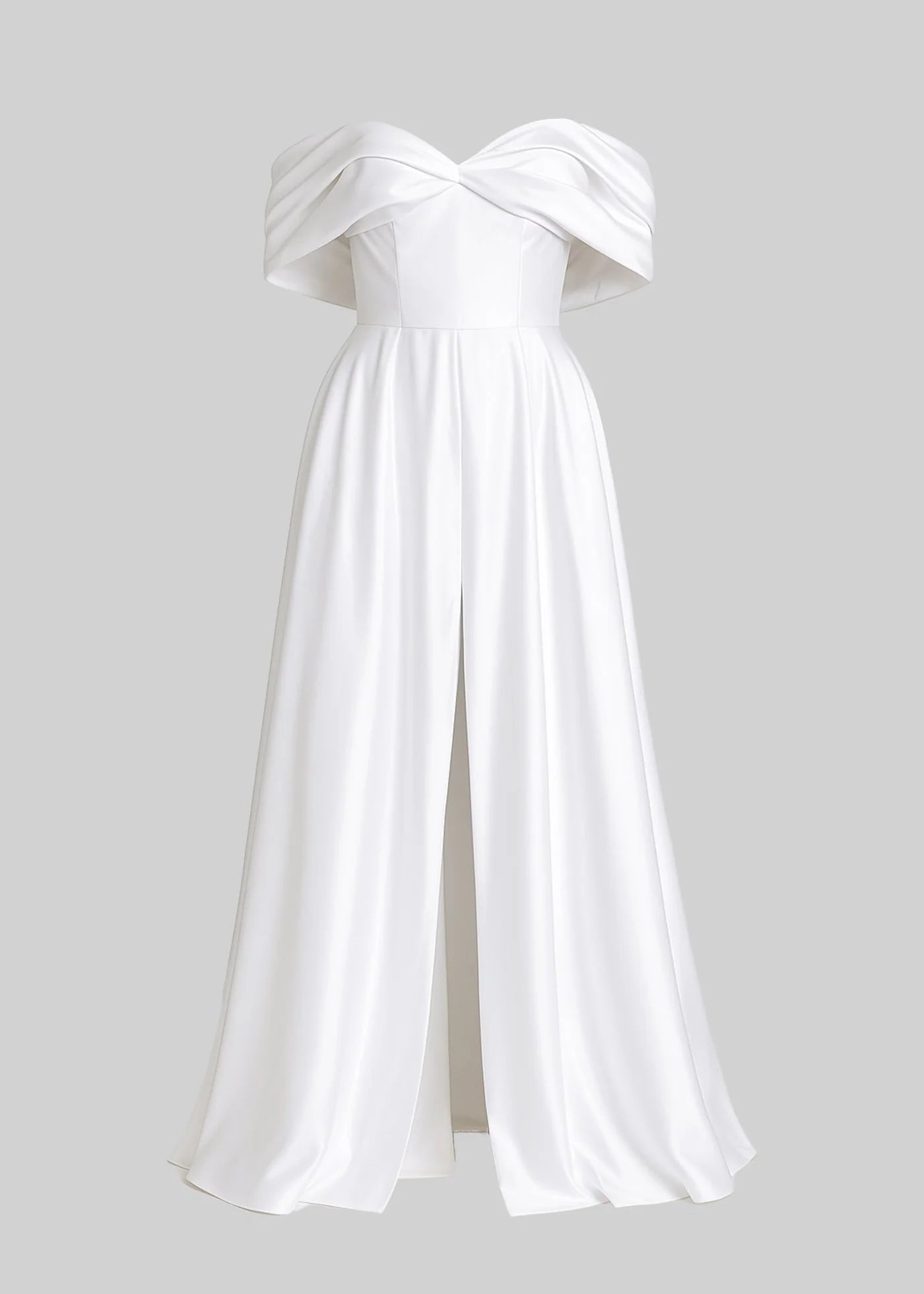 Elegant Off-Shoulder Satin Maxi Dress With Back Ribbon Closure - White