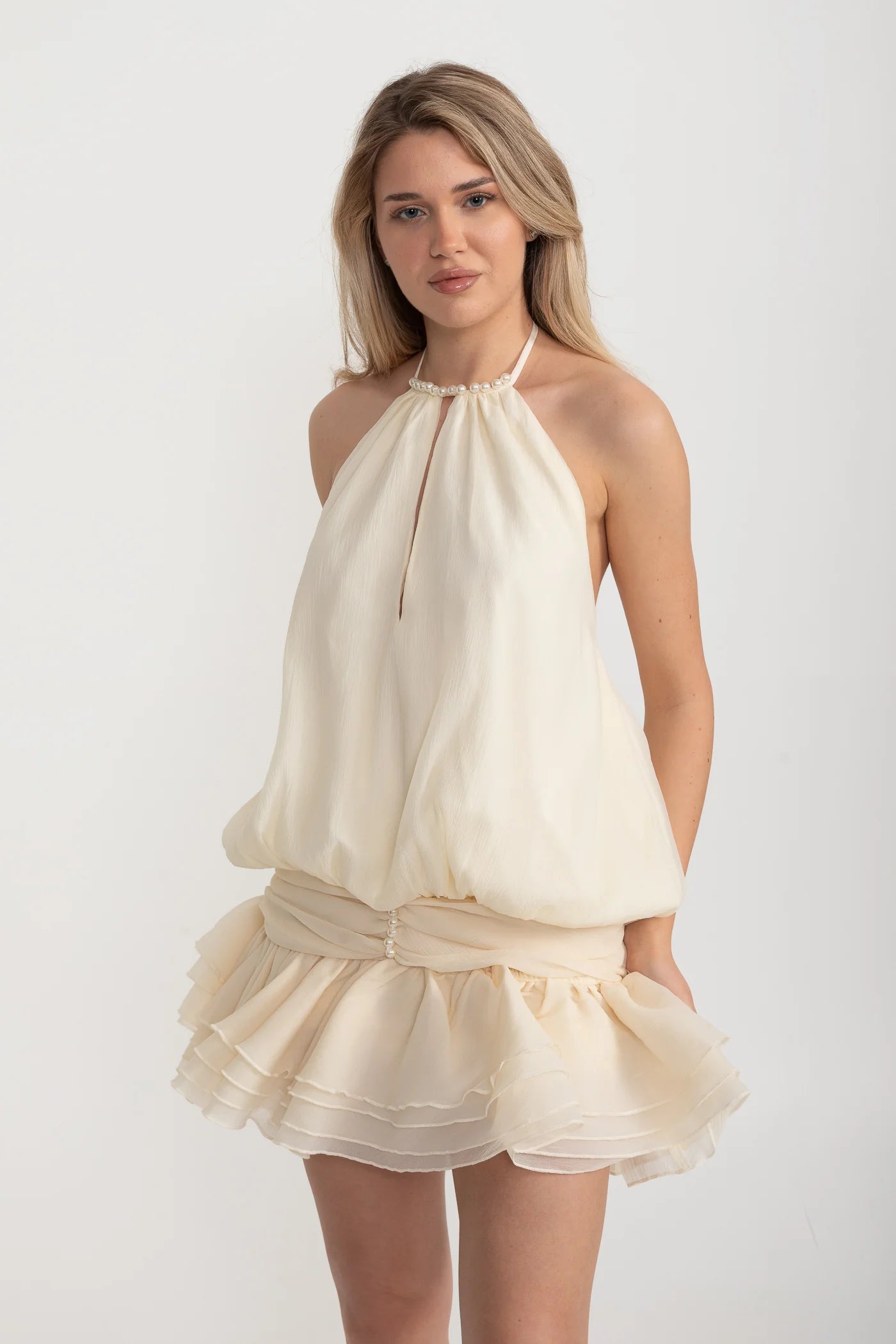 Halter Mini Dress with Pearl Neckline and Layered Ruffle Skirt - Ivoire
