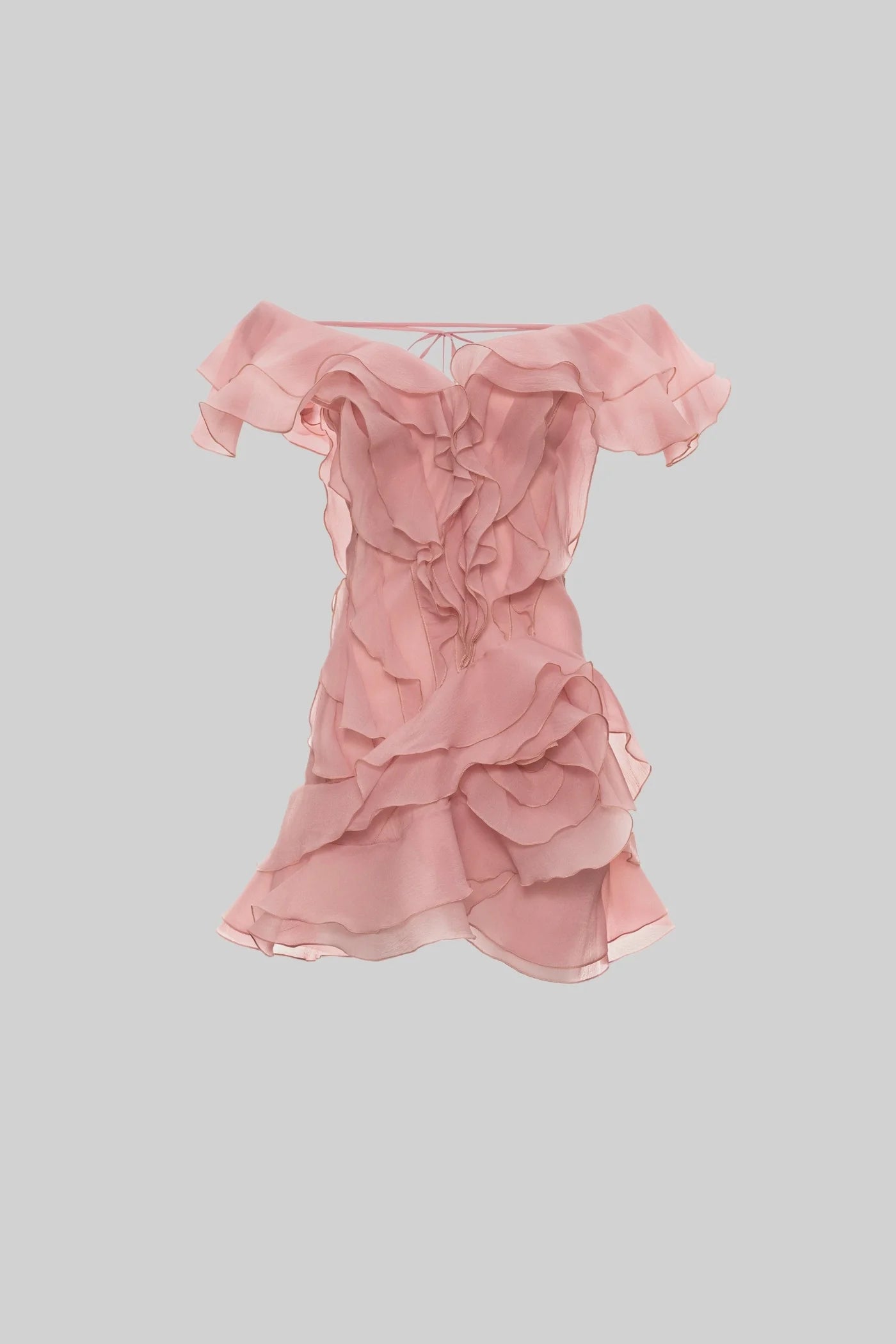 Mini Dress with Layered Ruffles and V-Neckline - Pink