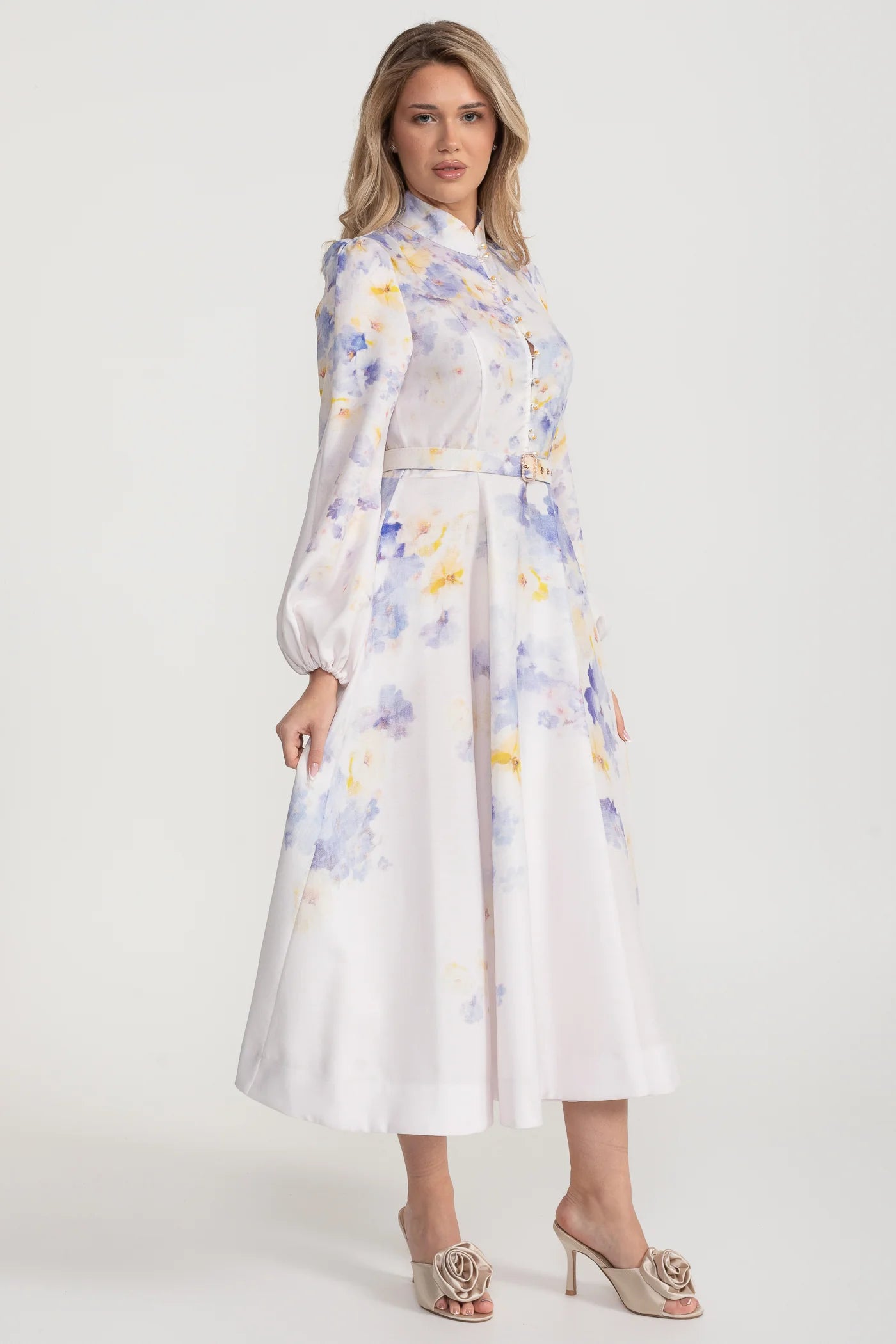 Watercolor Floral Belted Midi Dress with Mandarin Collar – Pastel Blue