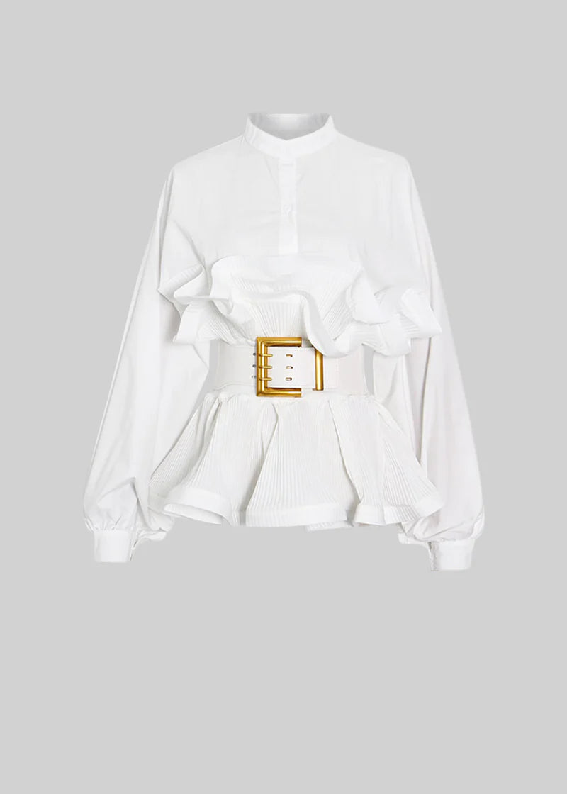 Ruffle Shirt with Oversized Belt And Flowing Sleeves - White