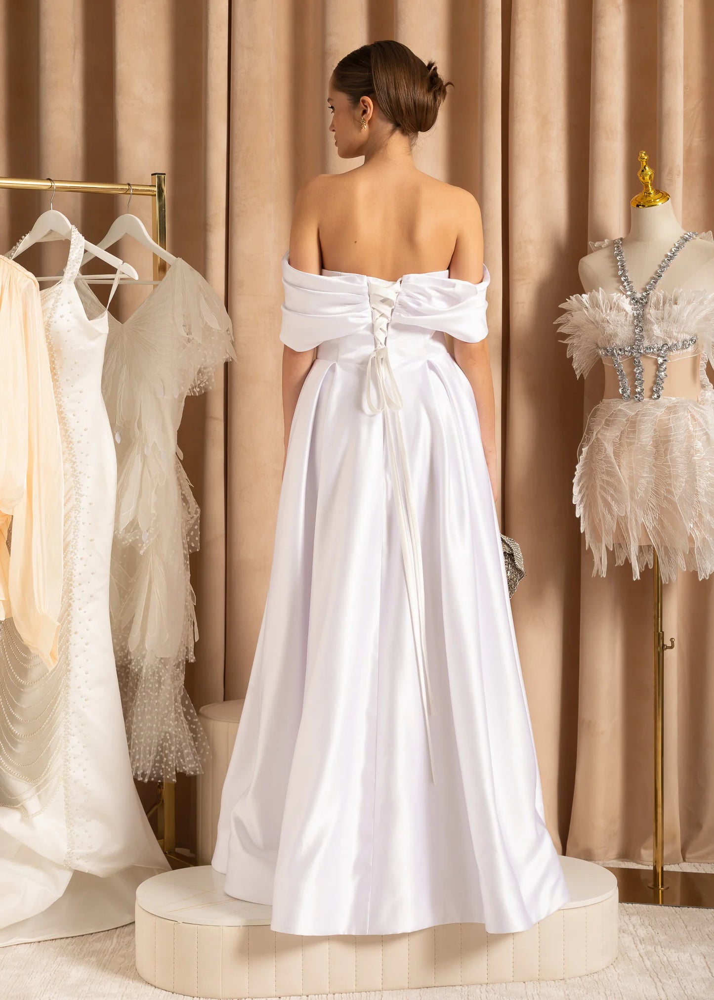 Elegant Off-Shoulder Satin Maxi Dress With Back Ribbon Closure - White
