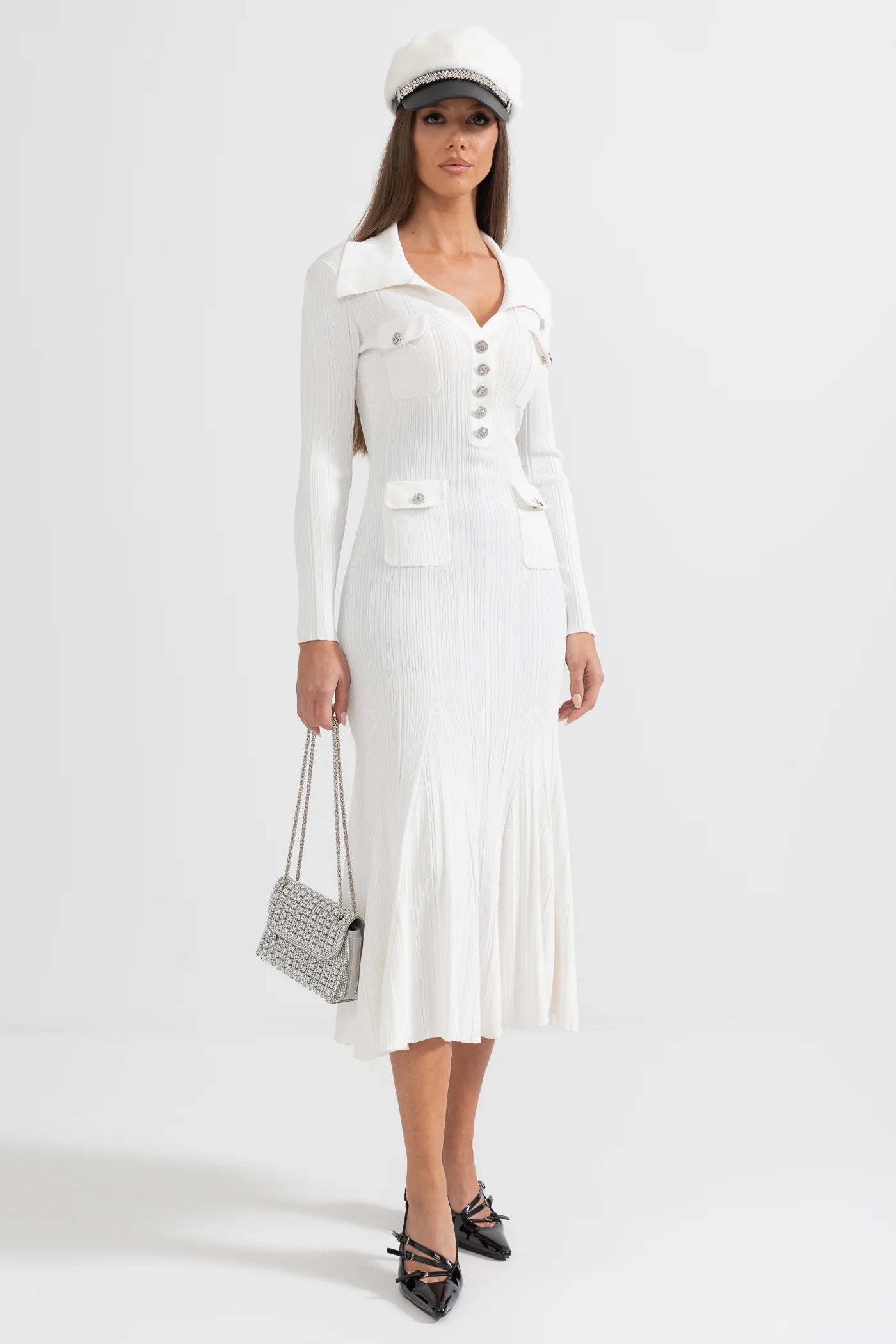 Sophisticated Long Sleeved Ribbed Dress - White