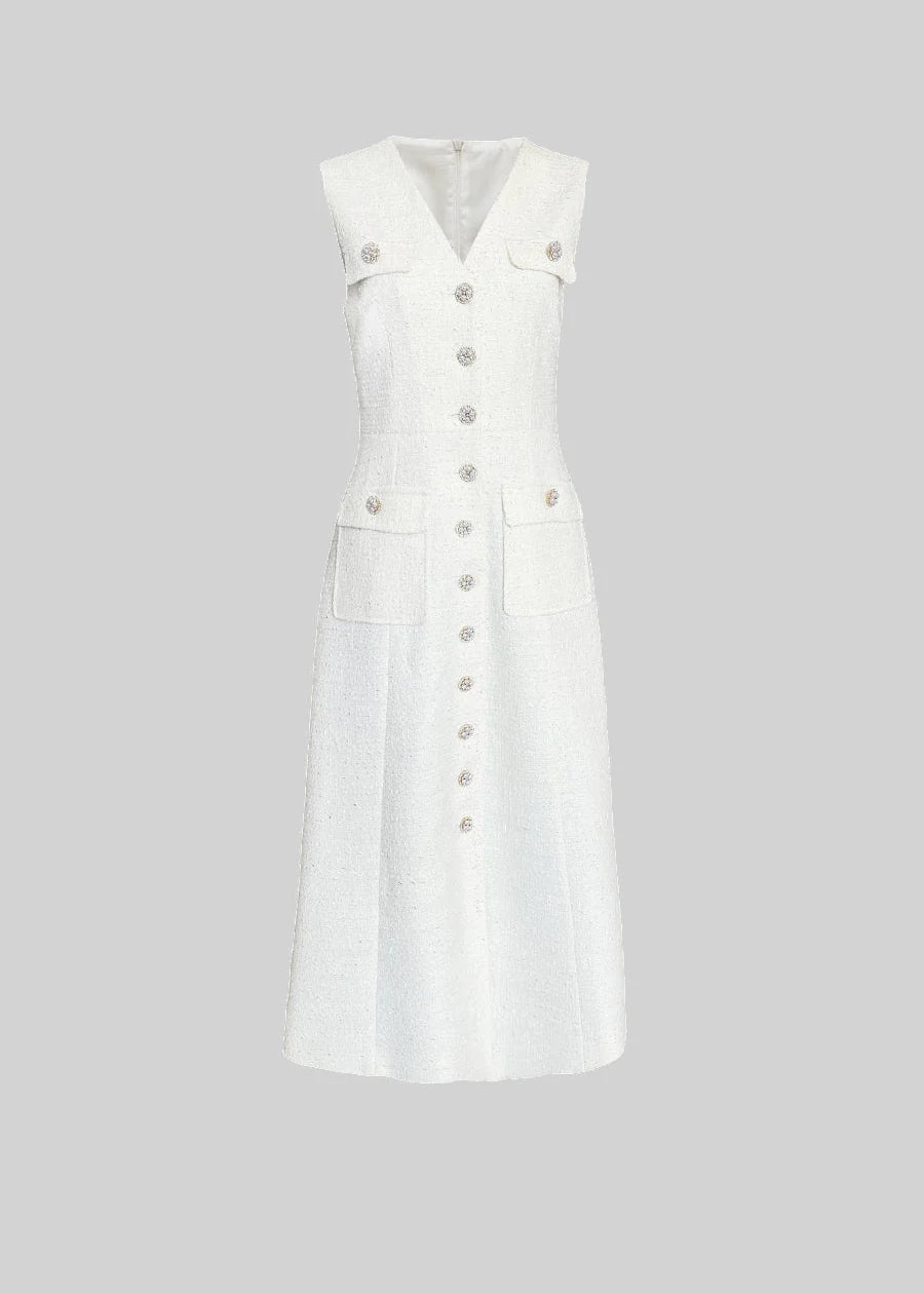 Sleeveless Textured Dress With Silver Buttons - White