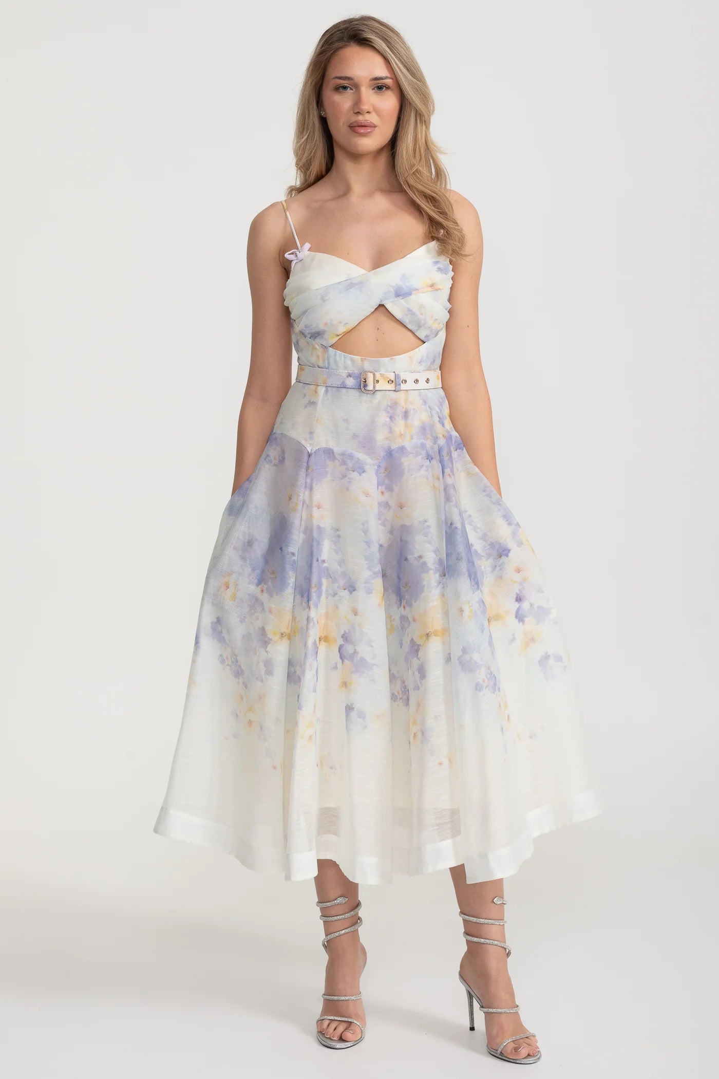 Watercolor Crisscross Cutout Midi Dress With Belt - Pastel