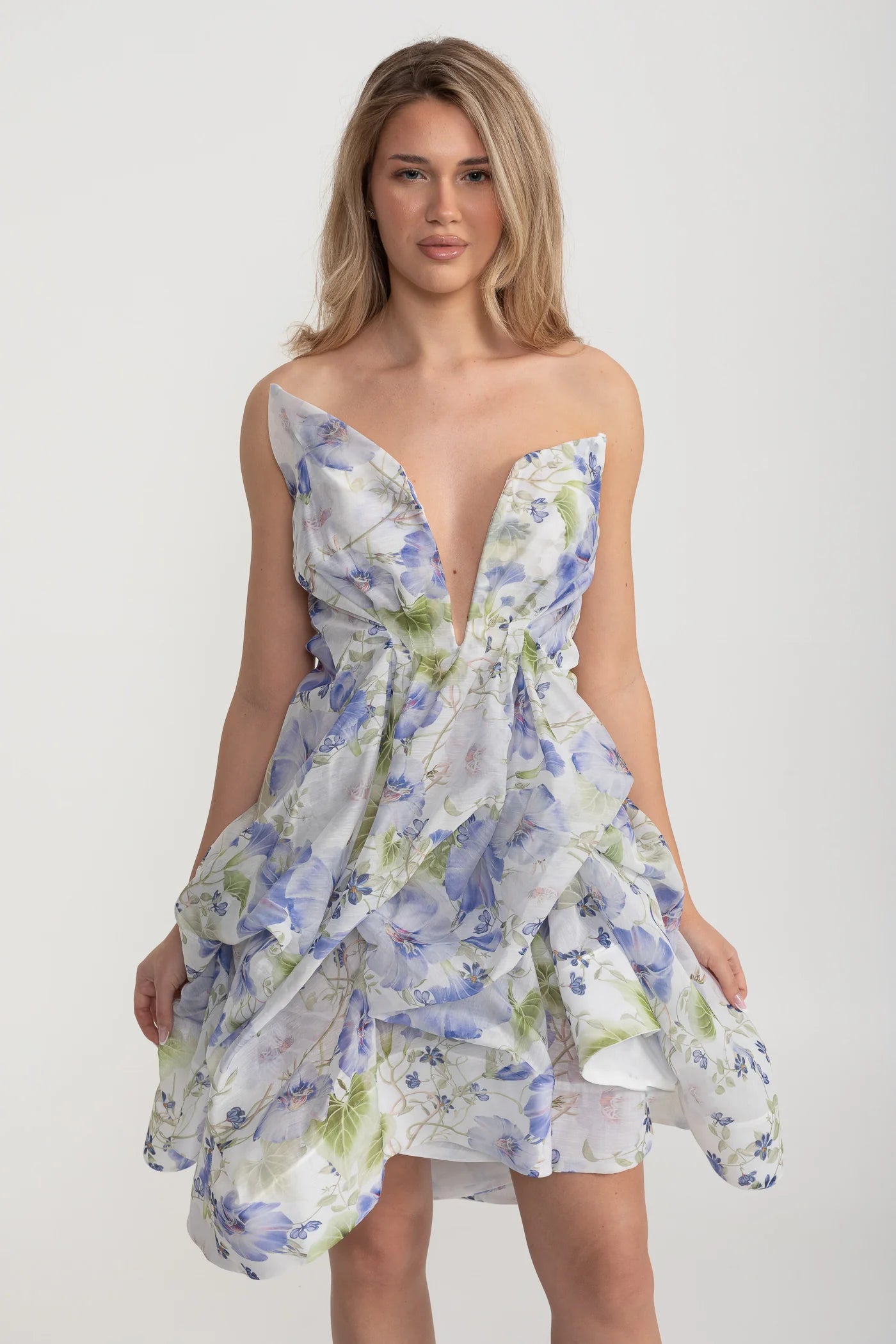 Floral Draped Mini Dress With Deep V Neckline – White