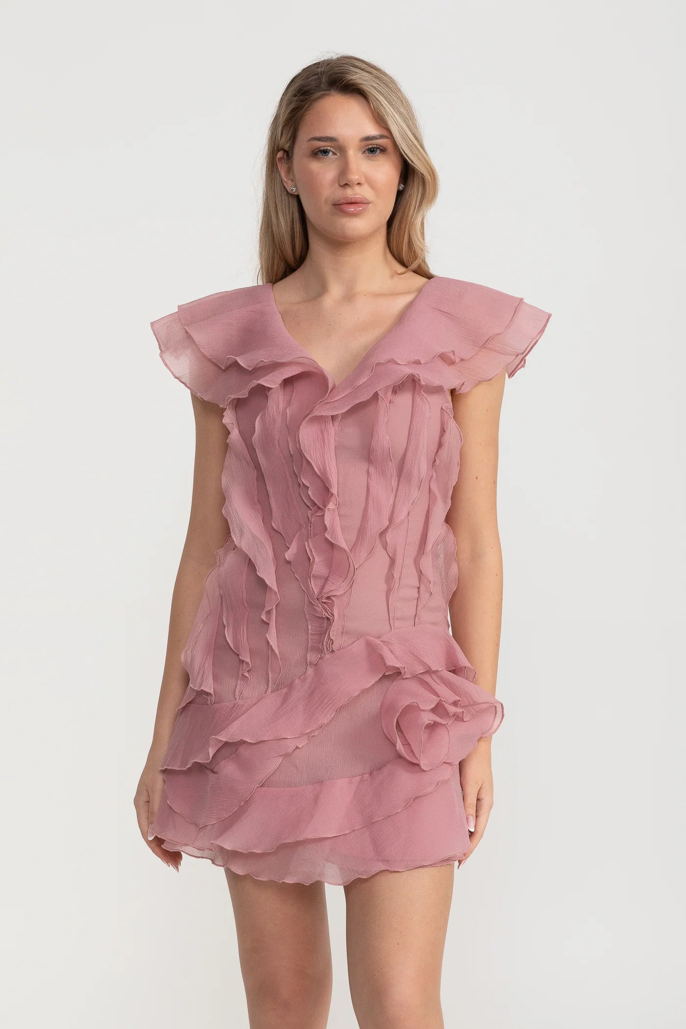 Mini Dress with Layered Ruffles and V-Neckline - Pink