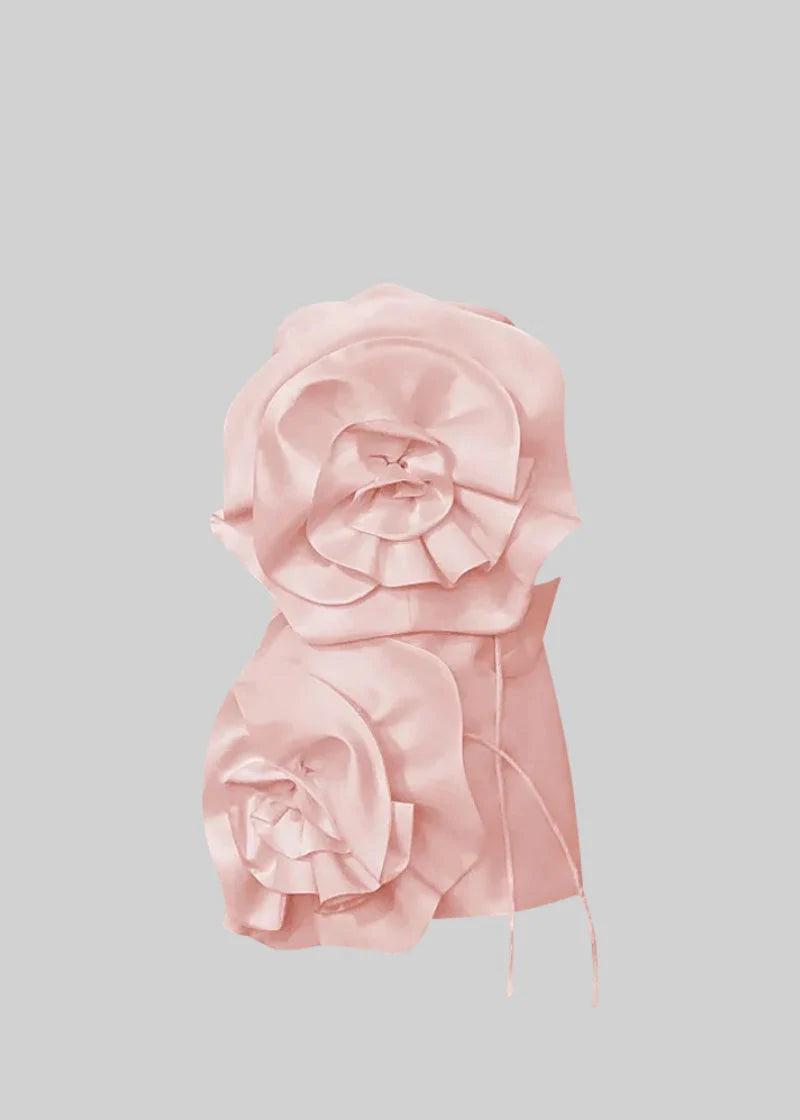 Satin Mini Dress With Oversized 3D Flowers - Light Pink