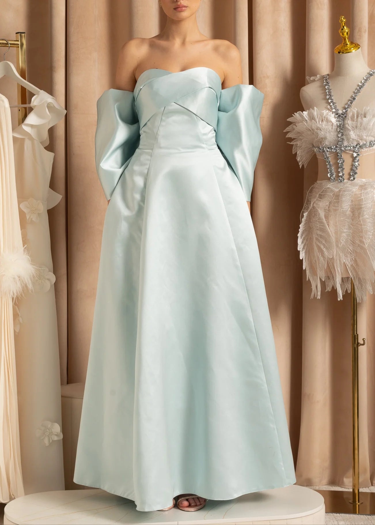 Elegant Satin Strapless Dress With Oversized Back Bow - Baby Blue