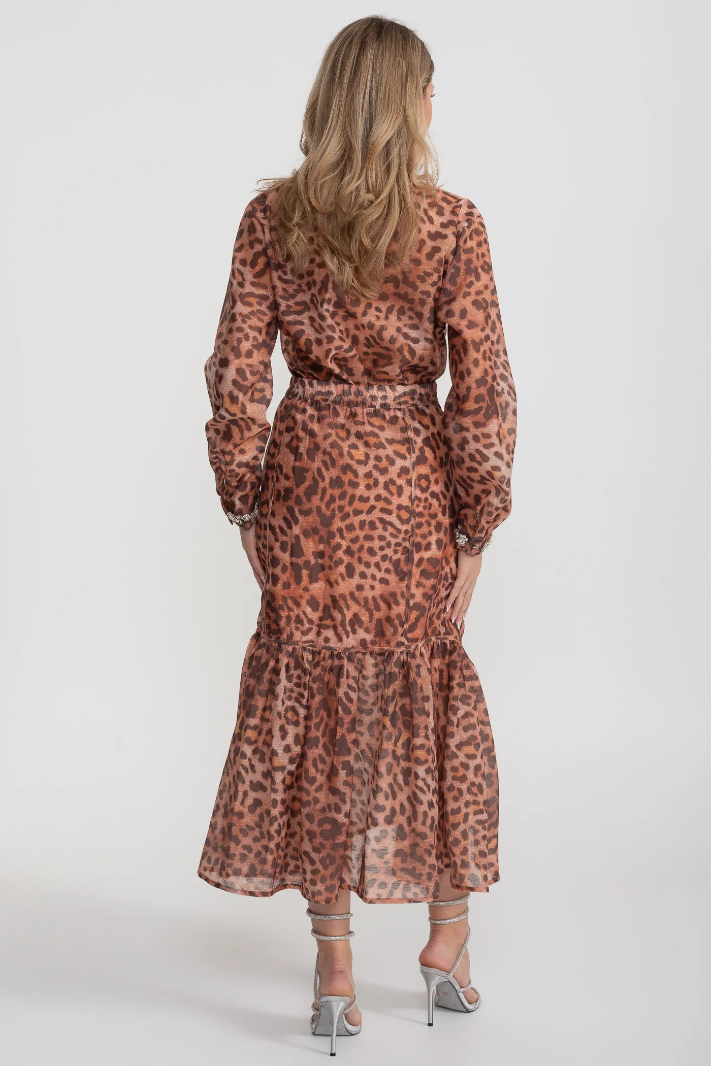 Embellished Collar Leopard Print Blouse & Skirt Set – Brown
