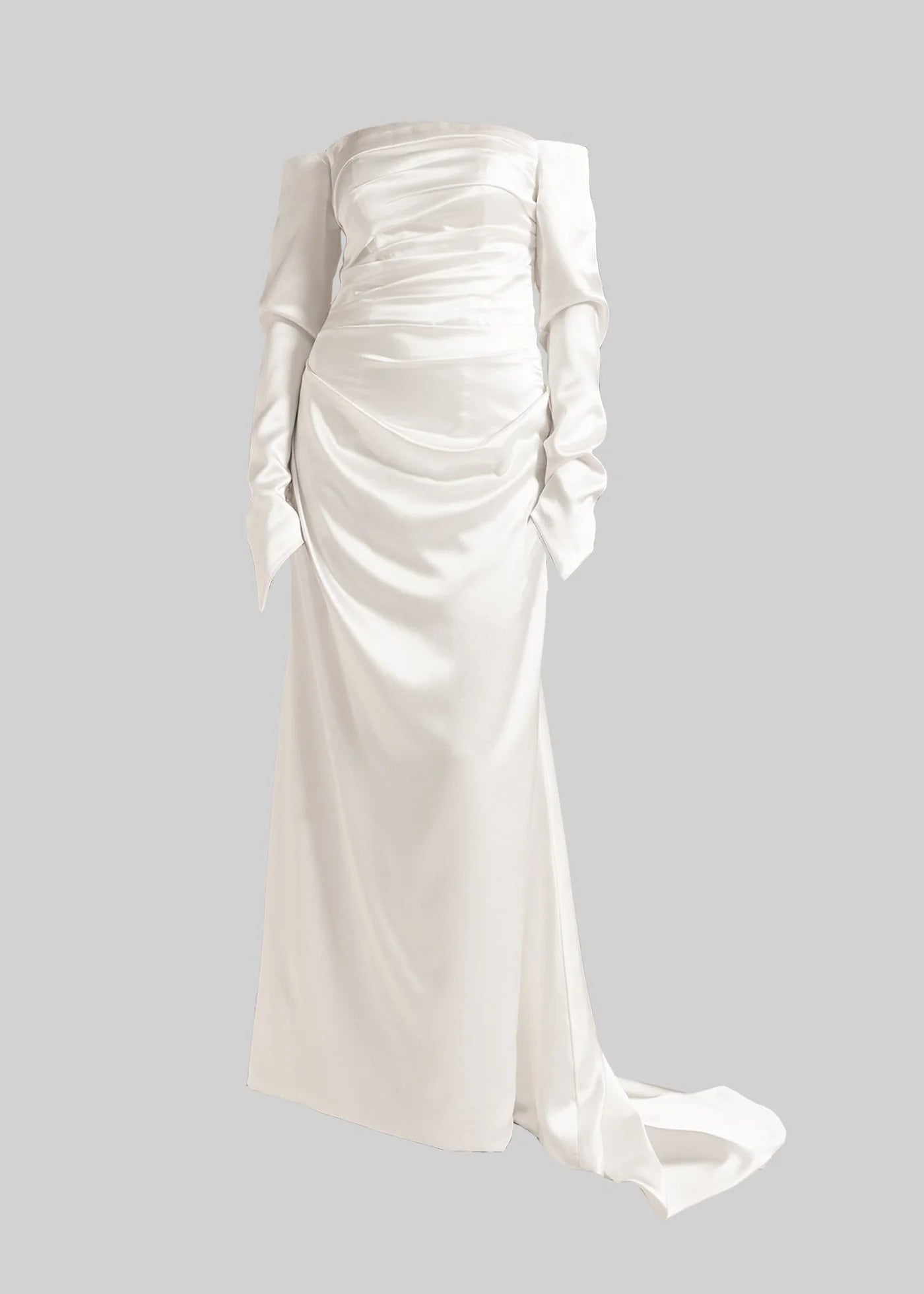 Ruched Off-Shoulder Satin Gown With Draped Maxi Skirt - White