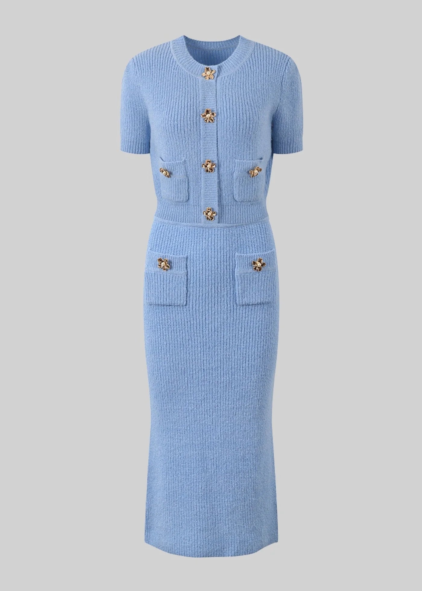 Elegant Knit Ensemble With Decorative Gold Flower Buttons - Blue
