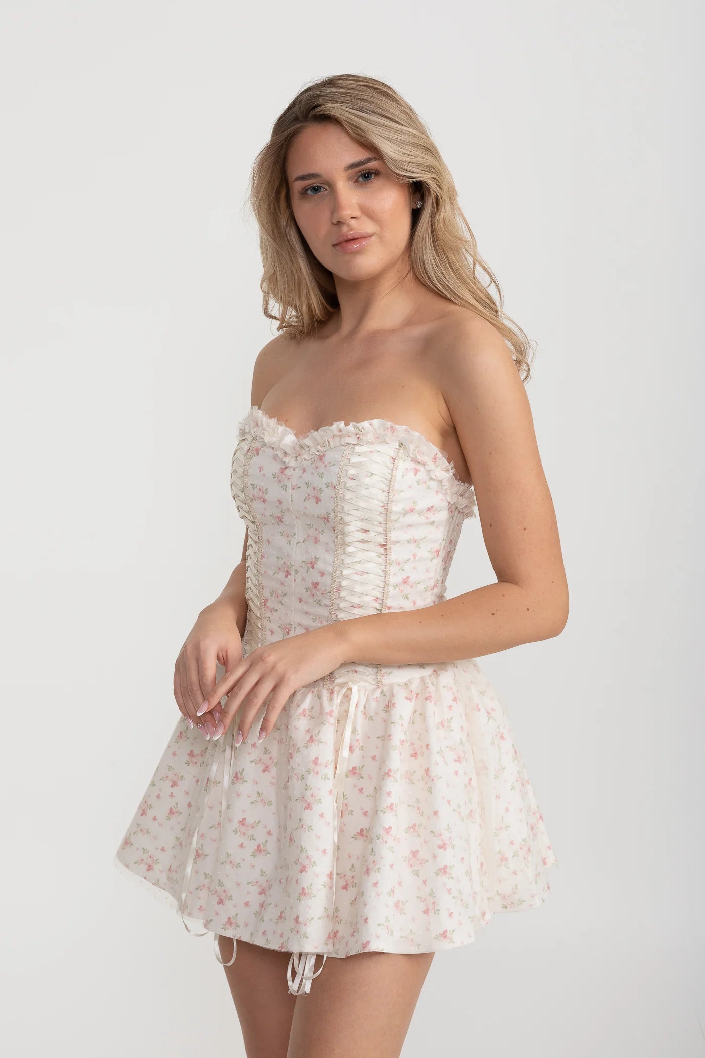 Strapless Mini Dress with Corset Lacing and Floral Print - White/Pink