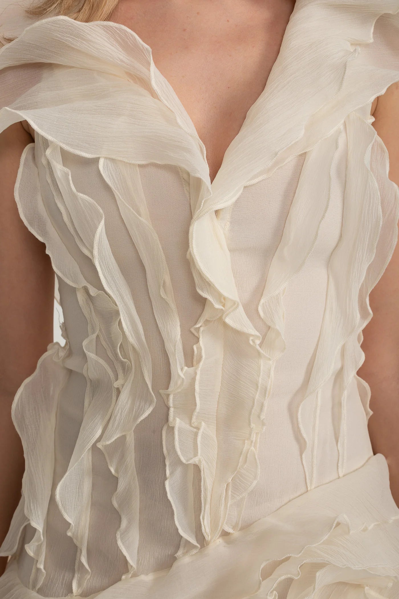 Mini Dress with Layered Ruffles and V-Neckline - White