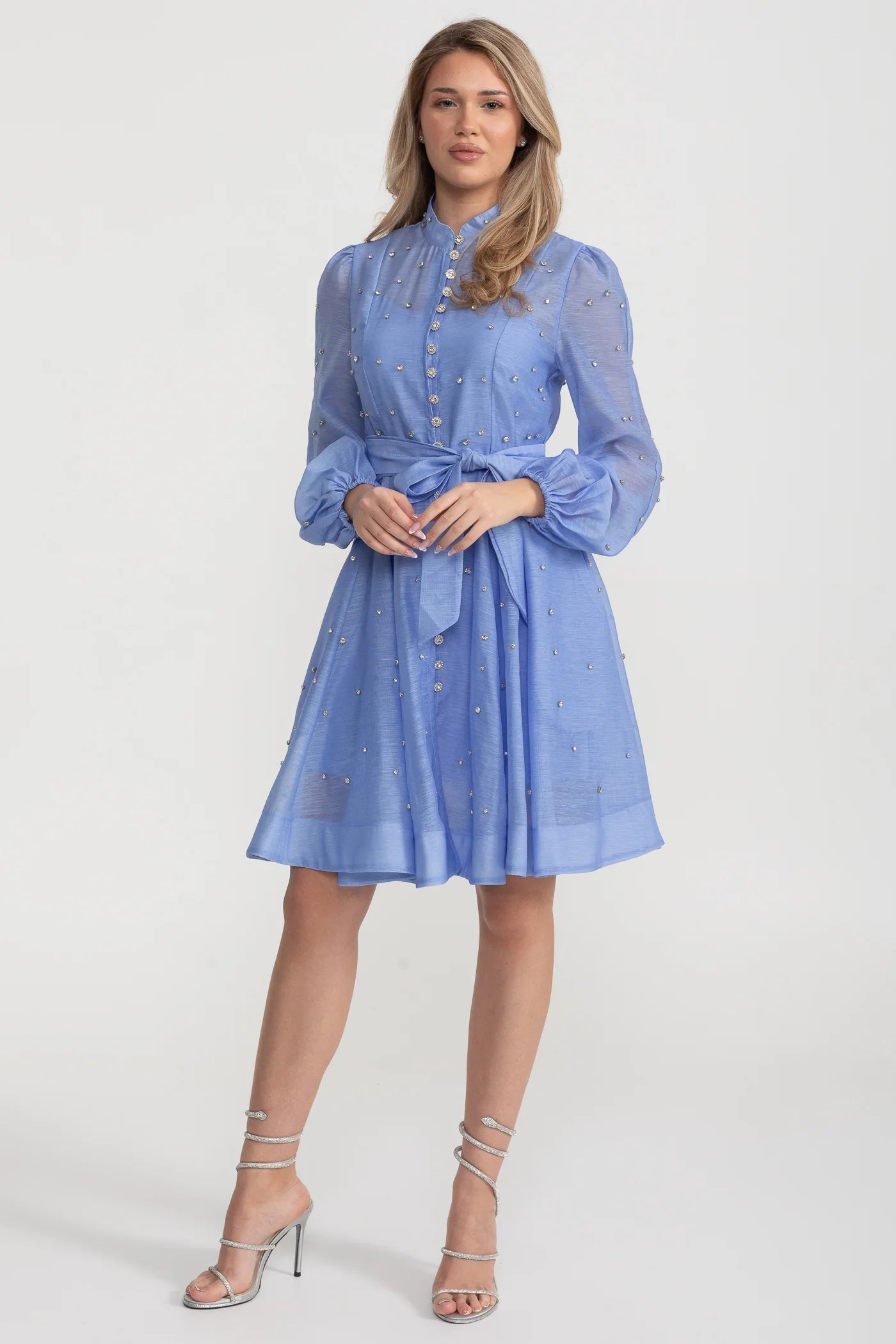 Long Sleeve Mini Dress with Crystal Embellishments - Blue