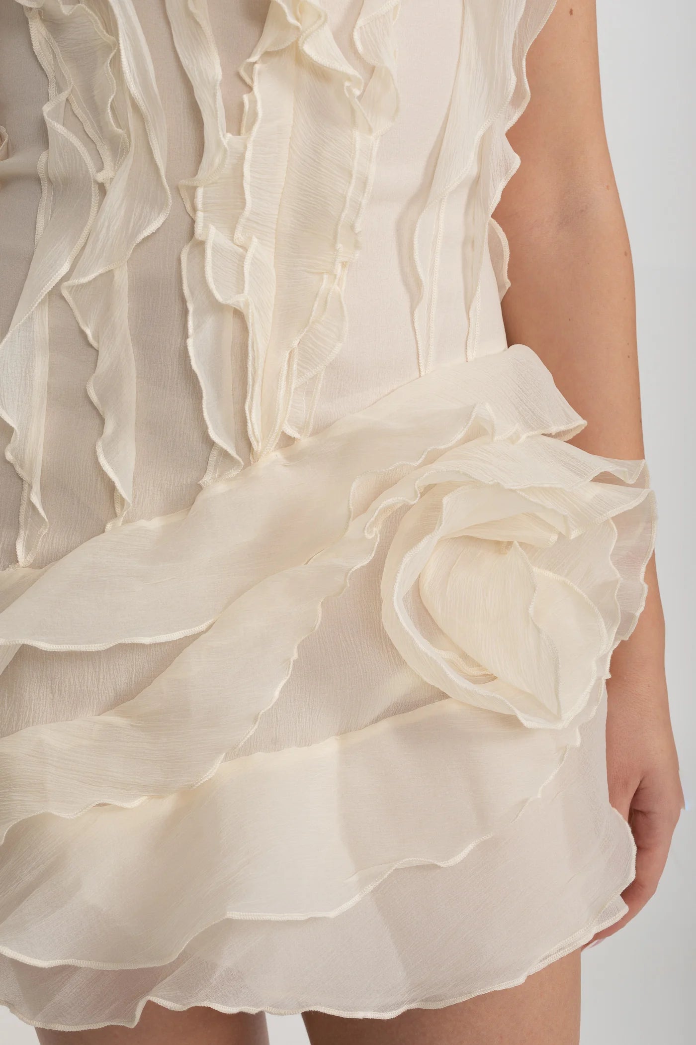 Mini Dress with Layered Ruffles and V-Neckline - White