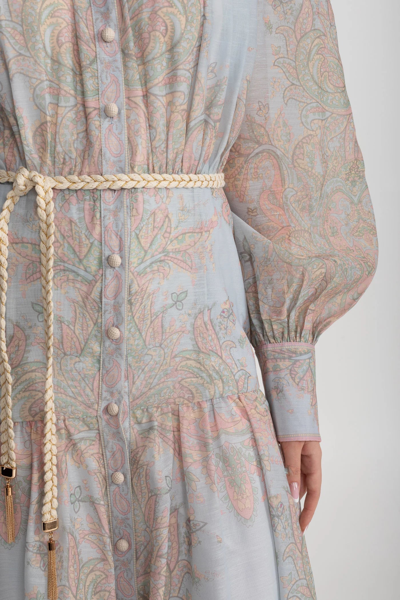 Paisley Print Button-Down Maxi Dress with Rope Belt – Soft Blue
