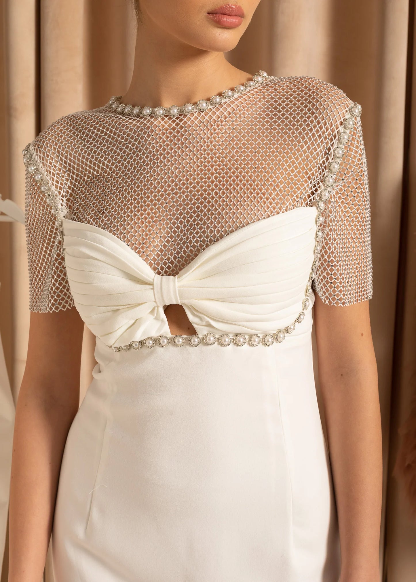 Elegant Mini Dress With Mesh And Pearl Accents - White