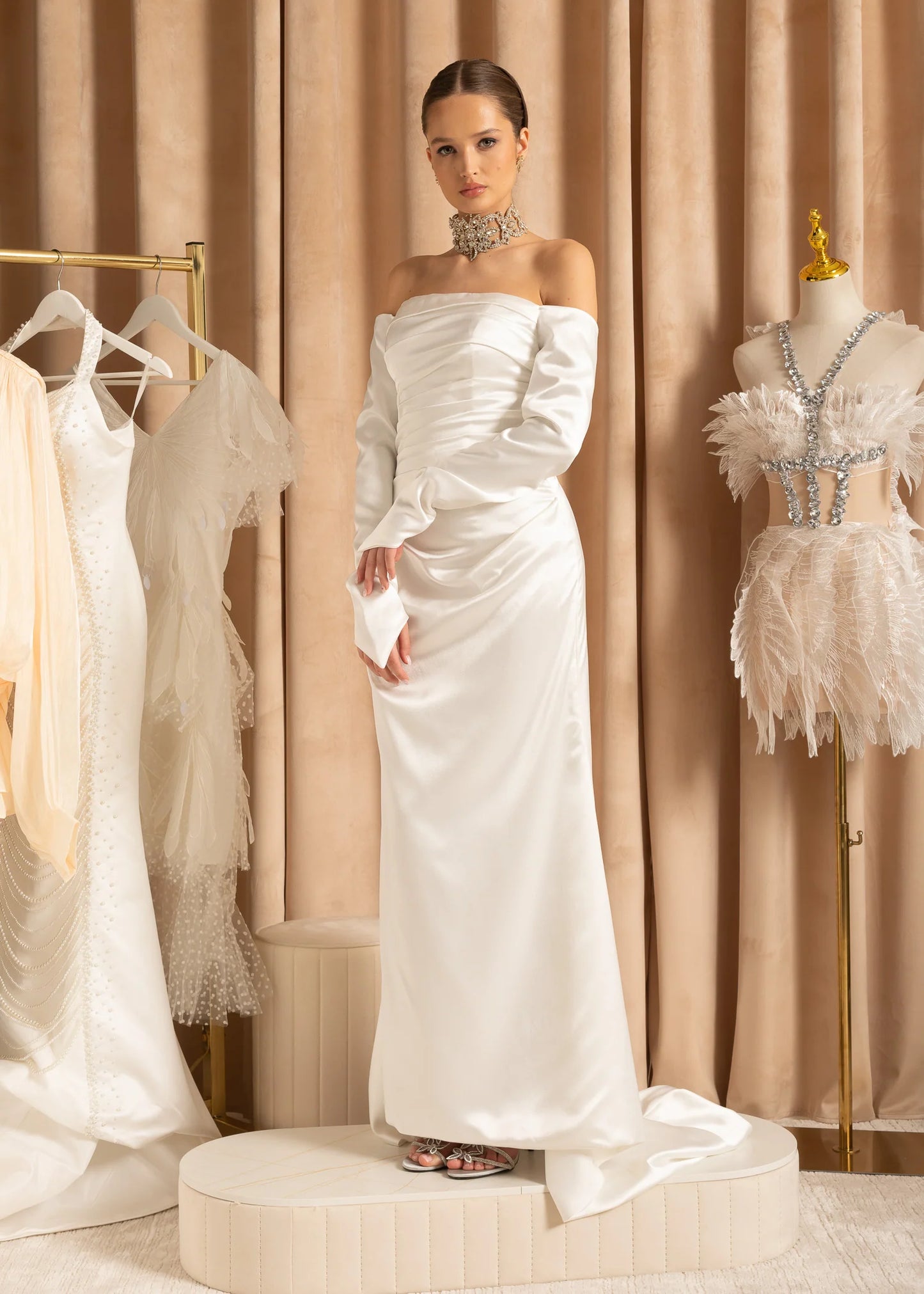 Ruched Off-Shoulder Satin Gown With Draped Maxi Skirt - White