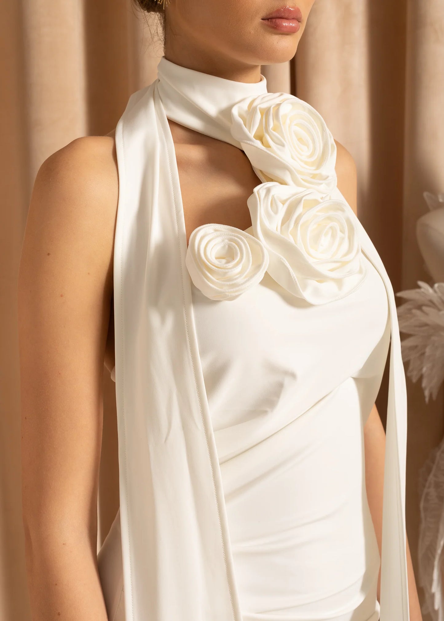 Sleeveless Fitted Maxi Dress With Flowing Scarf, 3D Roses And Side Slit - White