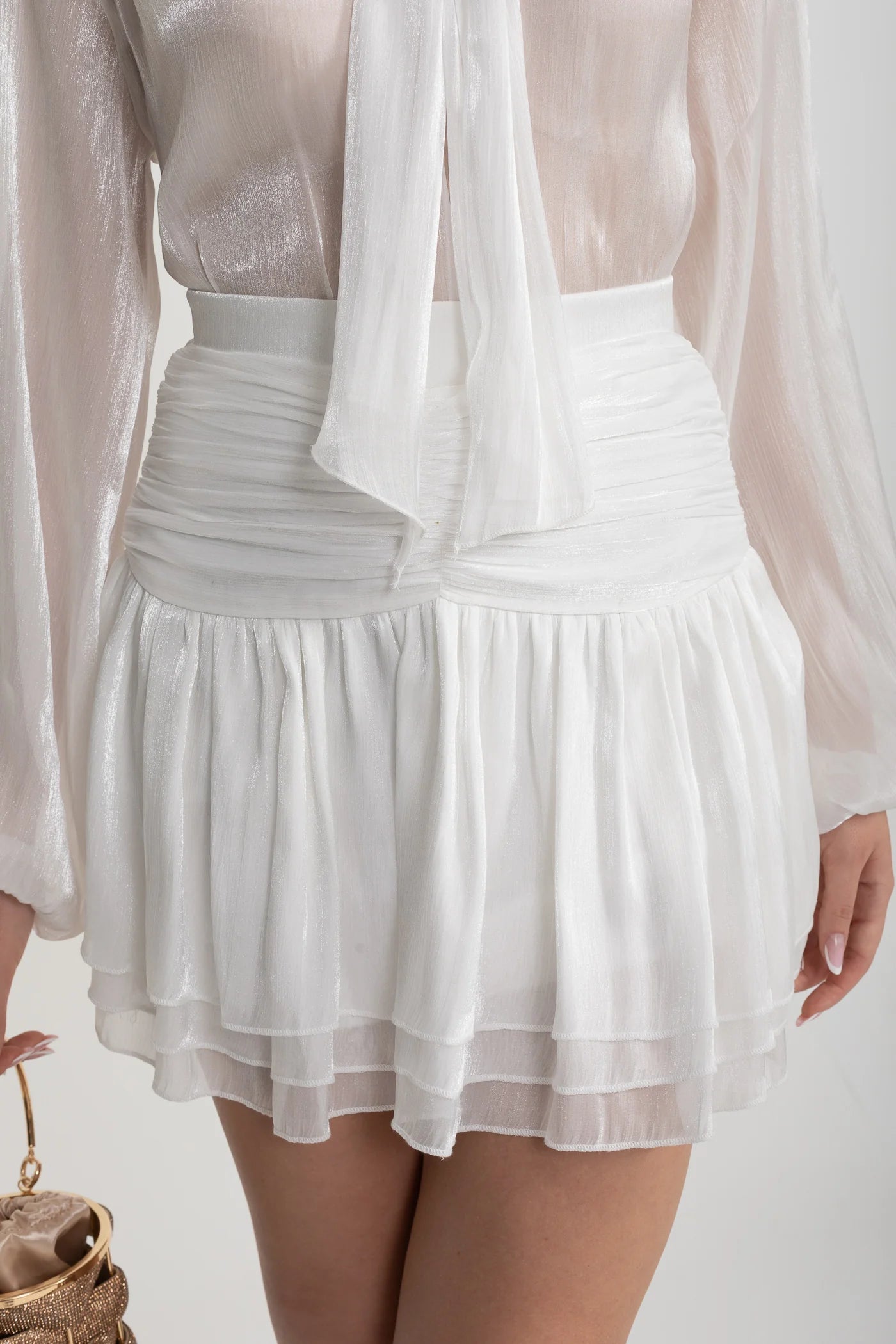 Sheer Bow Blouse And Layered Mini Skirt Set - White