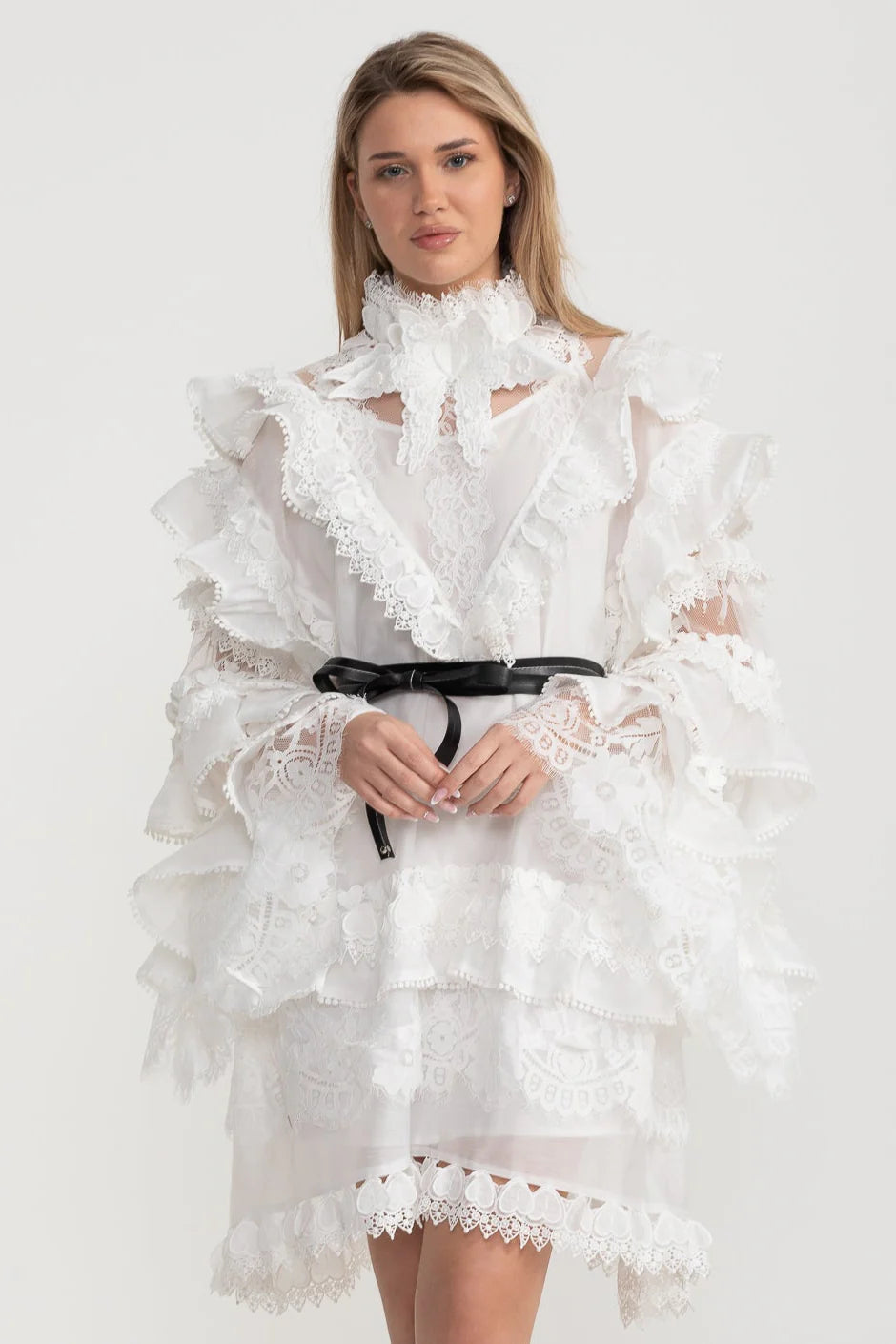 Victorian-Inspired Ruffled Lace Mini Dress – White