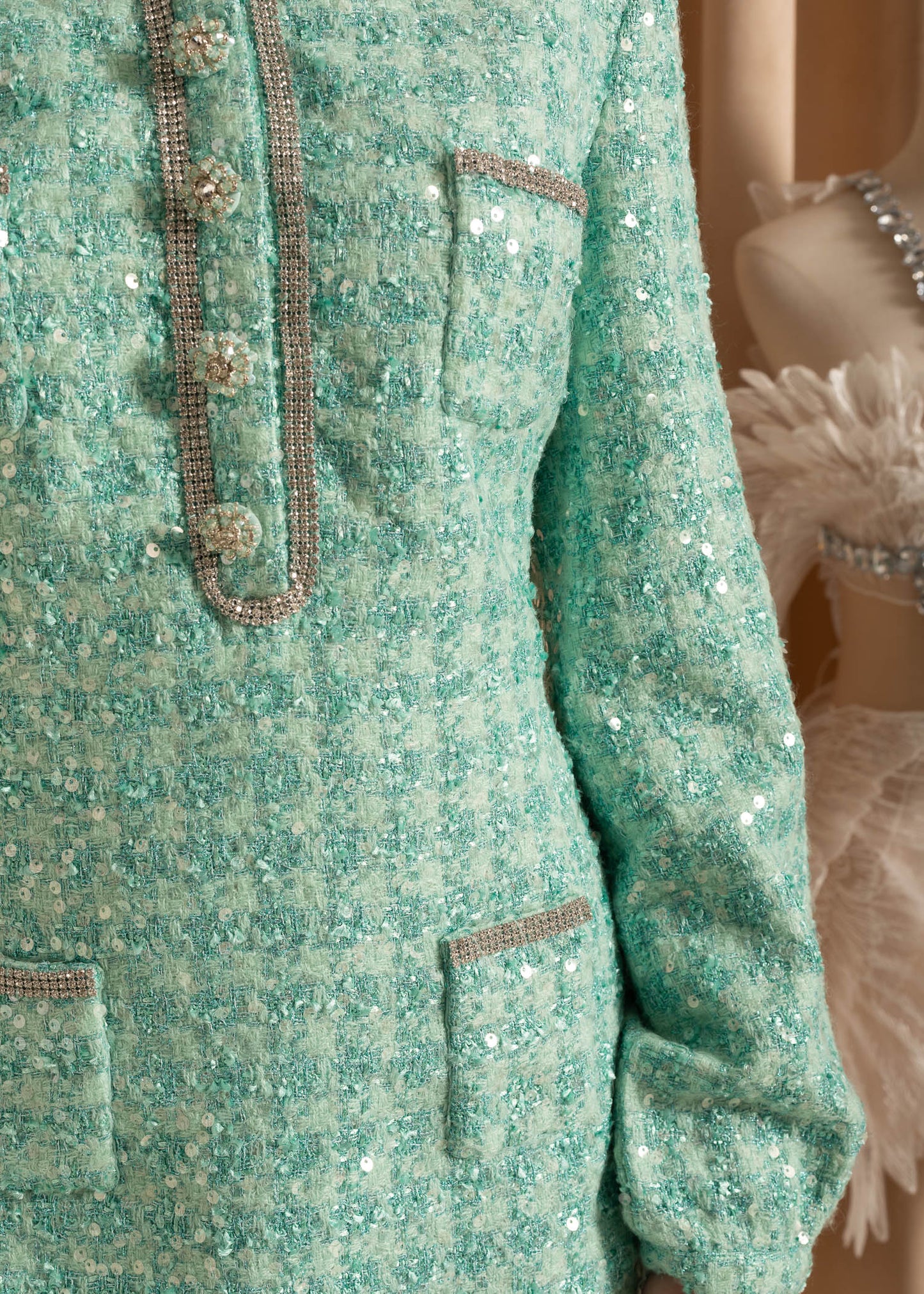 Textured Sequin Dress With Silver Embellishments - Turquoise