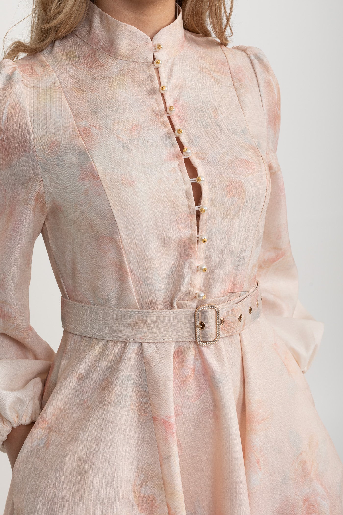 Watercolor Floral Belted Midi Dress with Mandarin Collar – Blush