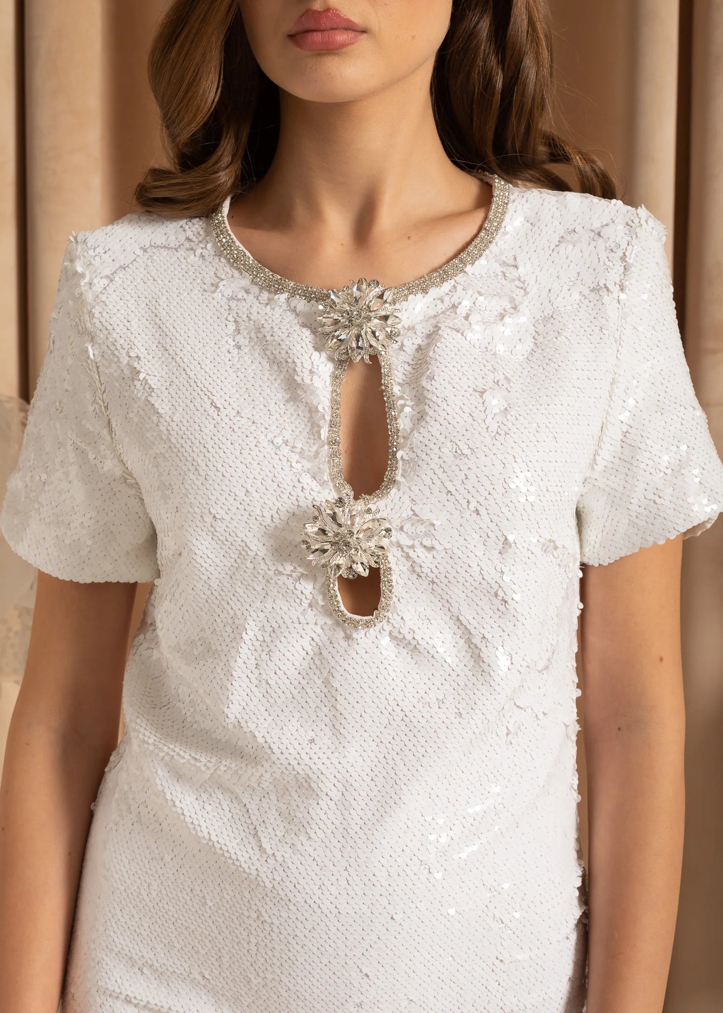 Short Sleeves Sequin Textured Mini Dress With Sparkling Neckline - White