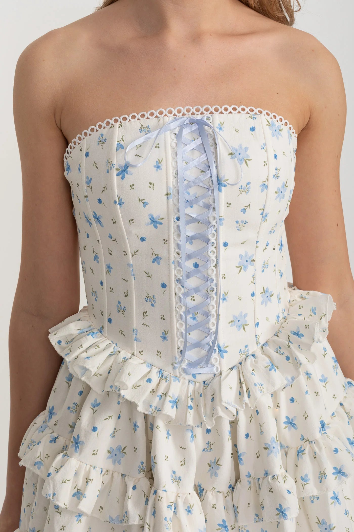 Strapless Ruffled Mini Dress with Floral Print - White/Blue