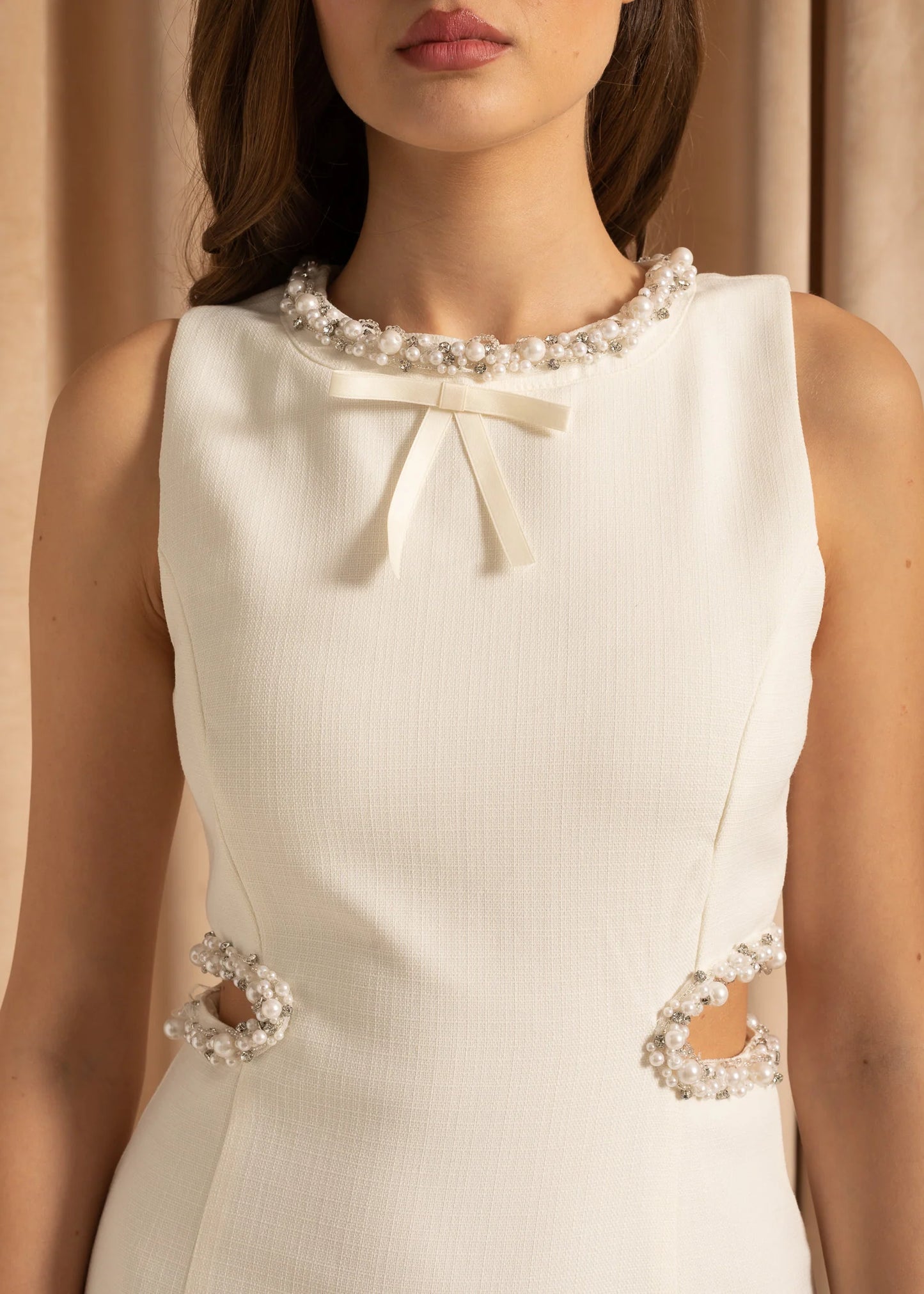 Mini Dress With Side Cutouts And Pearl Detailing - White