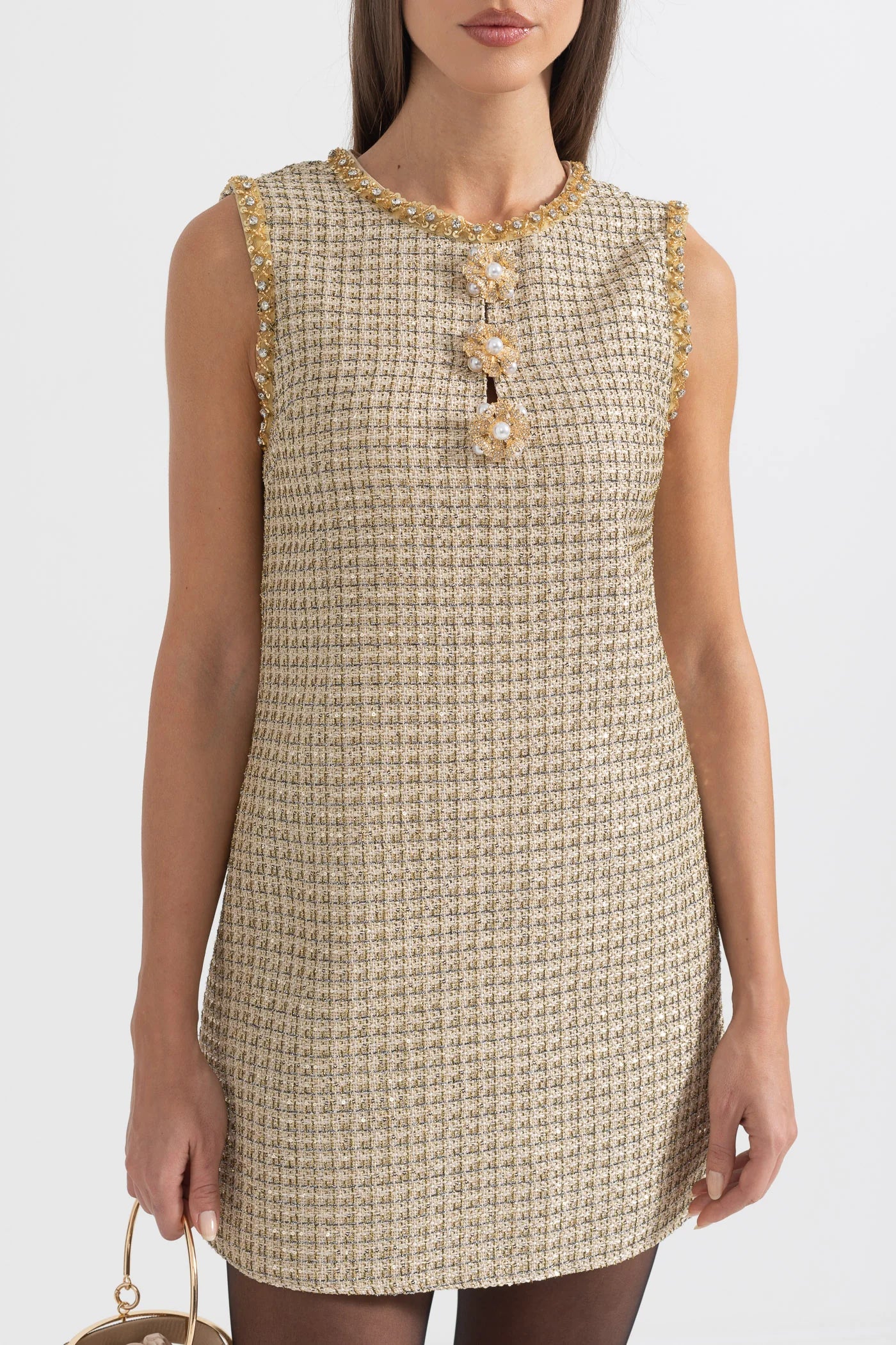 Textured Mini Dress With Golden Detailing And Buttons - Gold