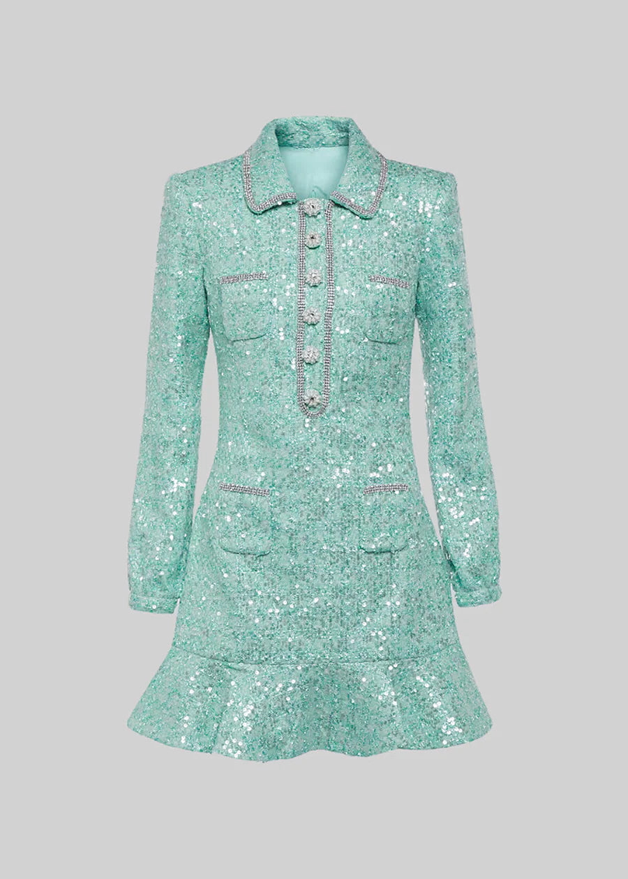 Textured Sequin Dress With Silver Embellishments - Turquoise