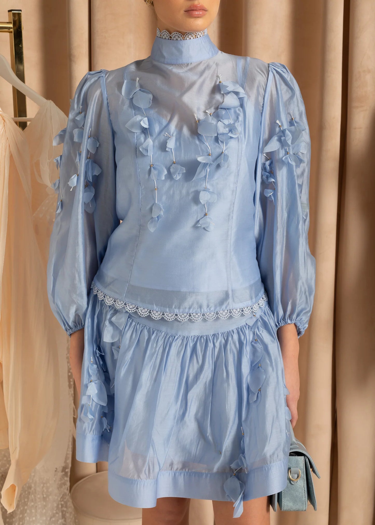 Flower Co-Ord With High Neckline, Lace And Adornments - Blue