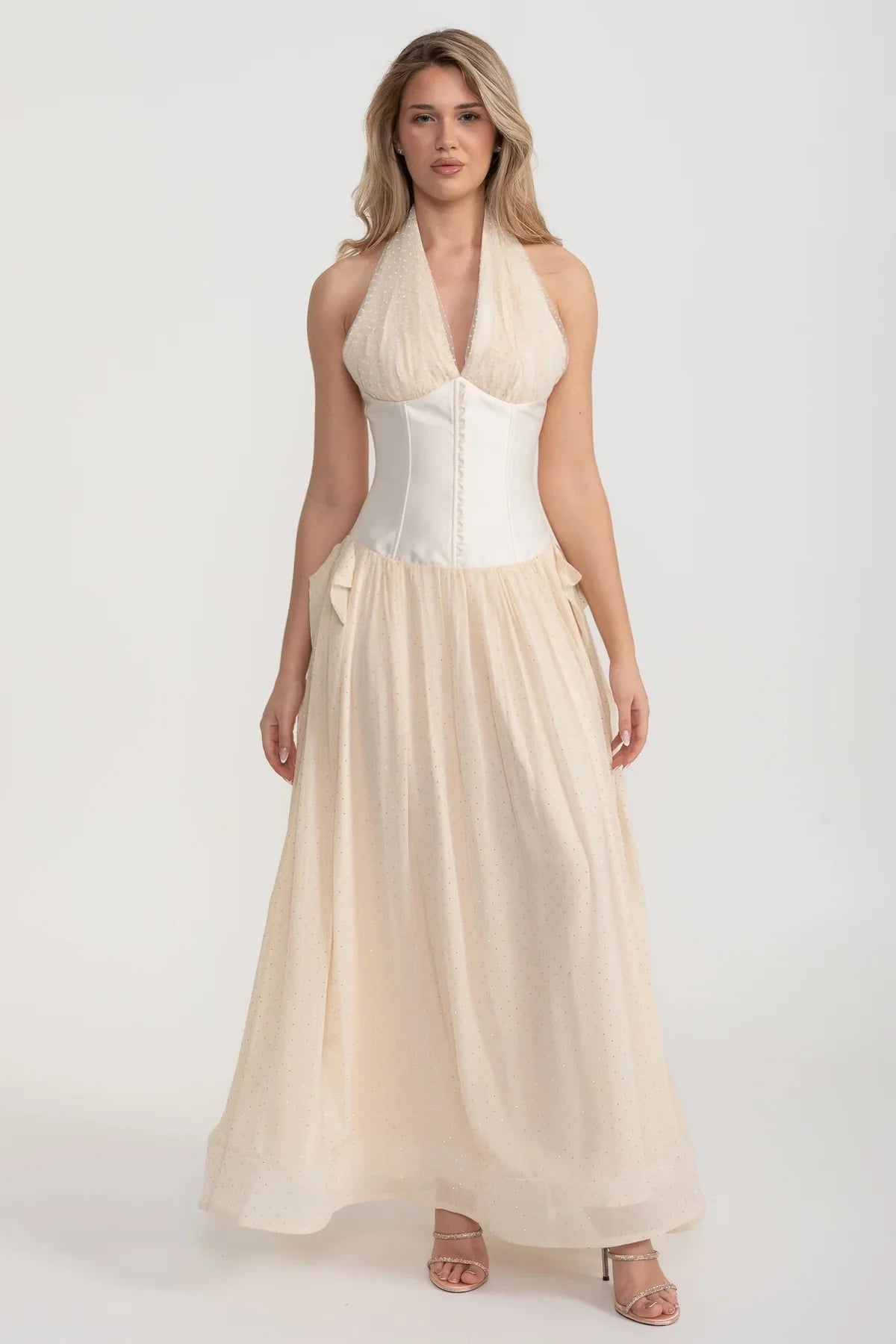 Halter Maxi Dress with Corset Bodice and Tulle Skirt - Ivoire