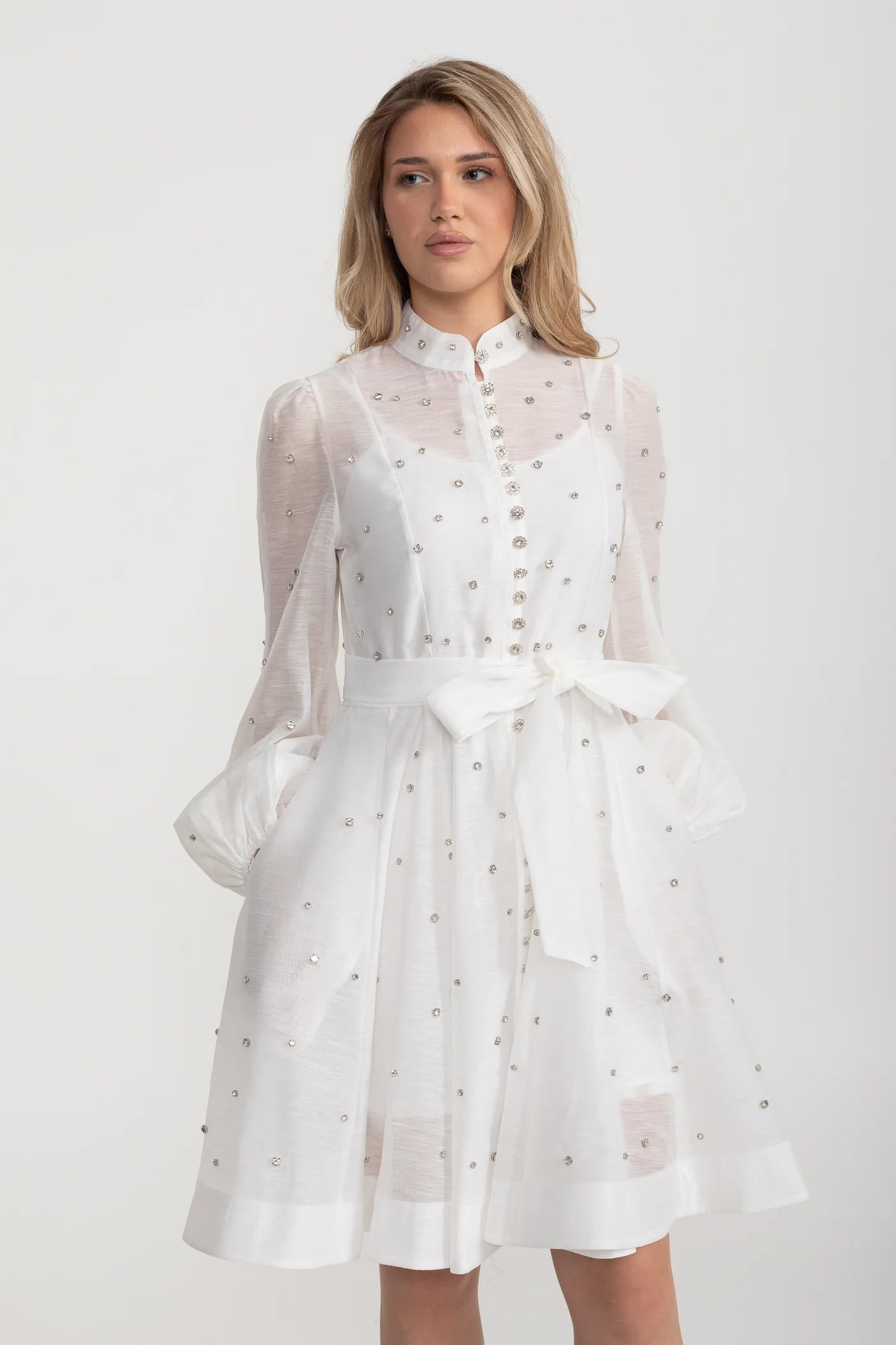 Long Sleeve Mini Dress with Crystal Embellishments - White