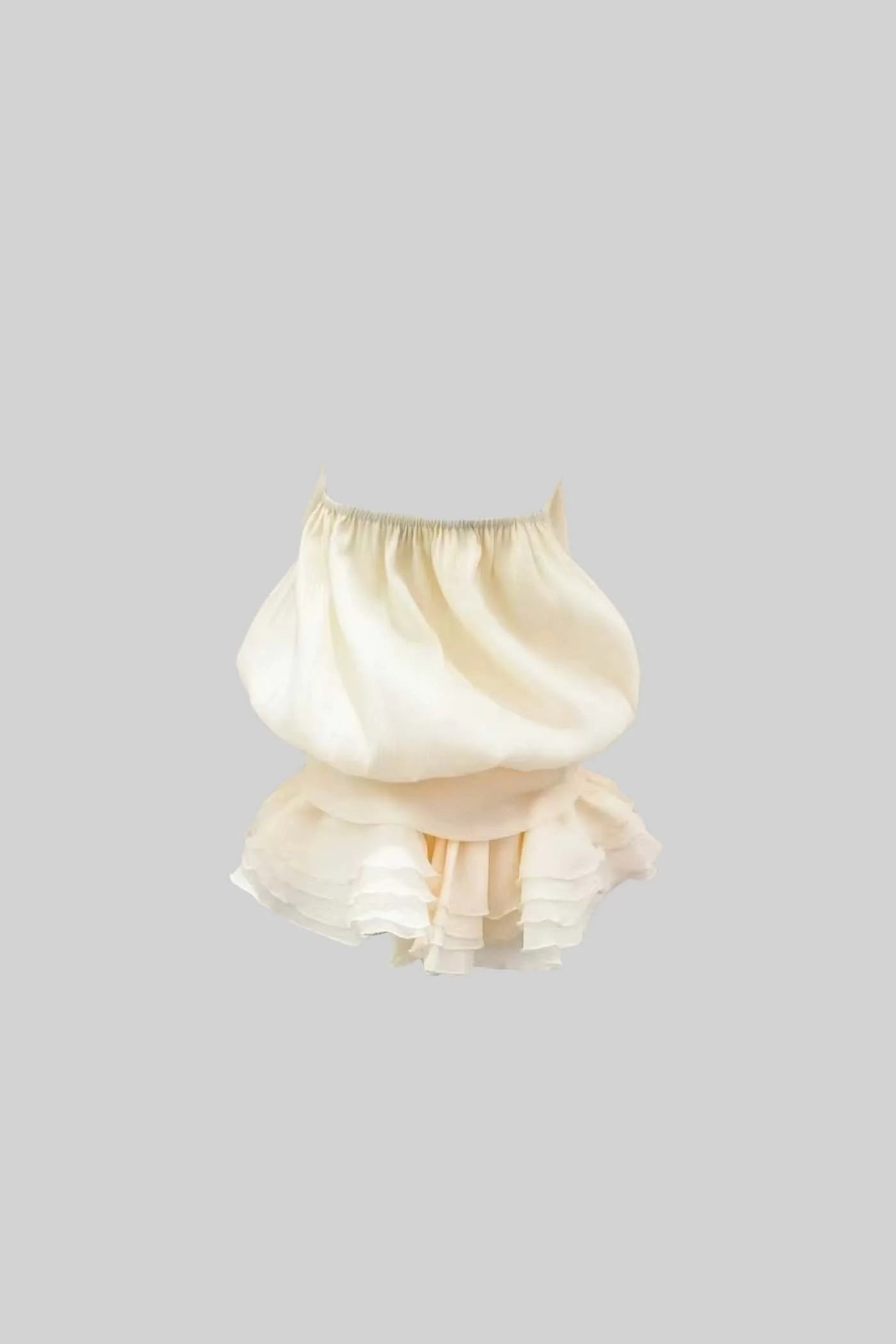 Halter Mini Dress with Pearl Neckline and Layered Ruffle Skirt - Ivoire