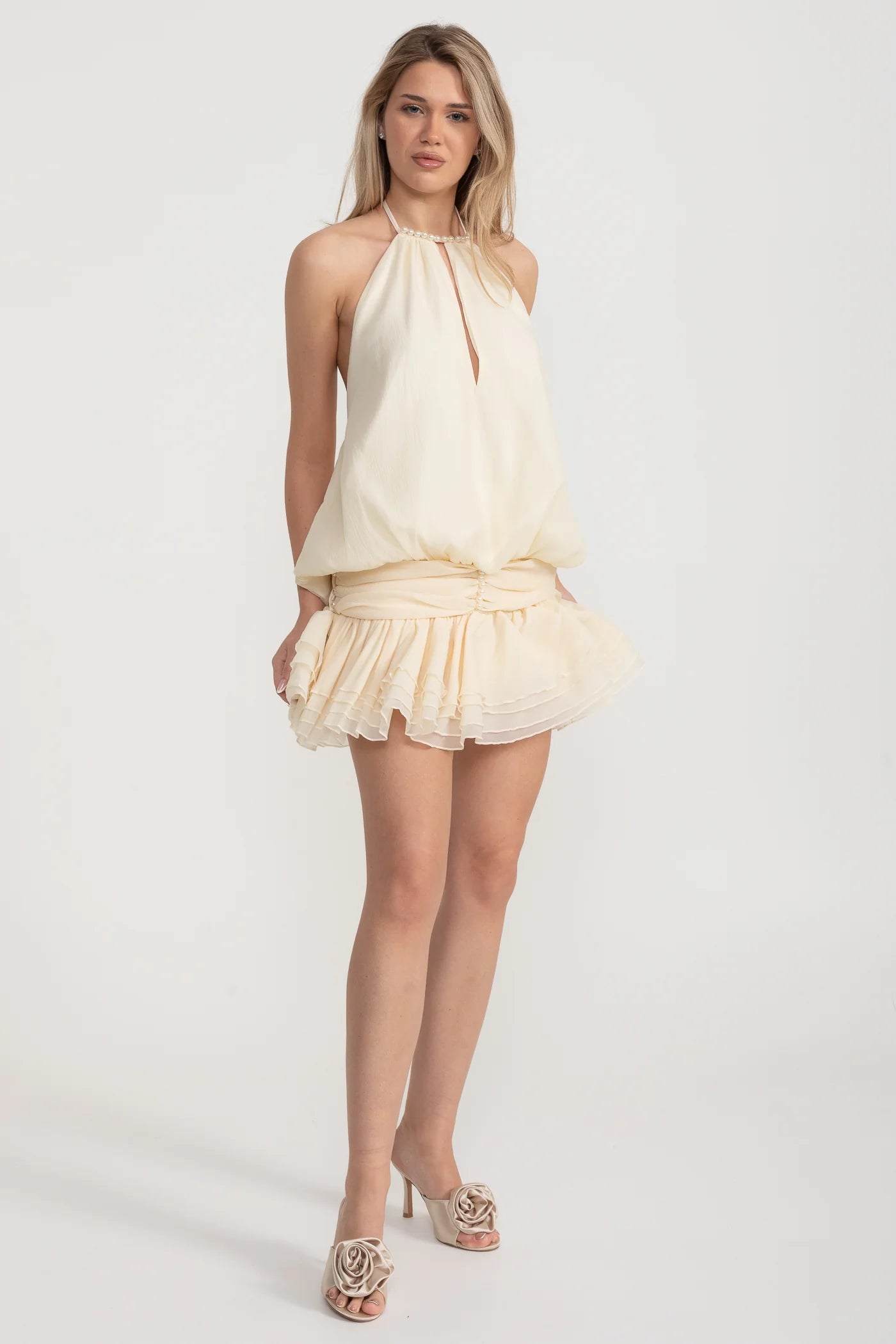 Halter Mini Dress with Pearl Neckline and Layered Ruffle Skirt - Ivoire