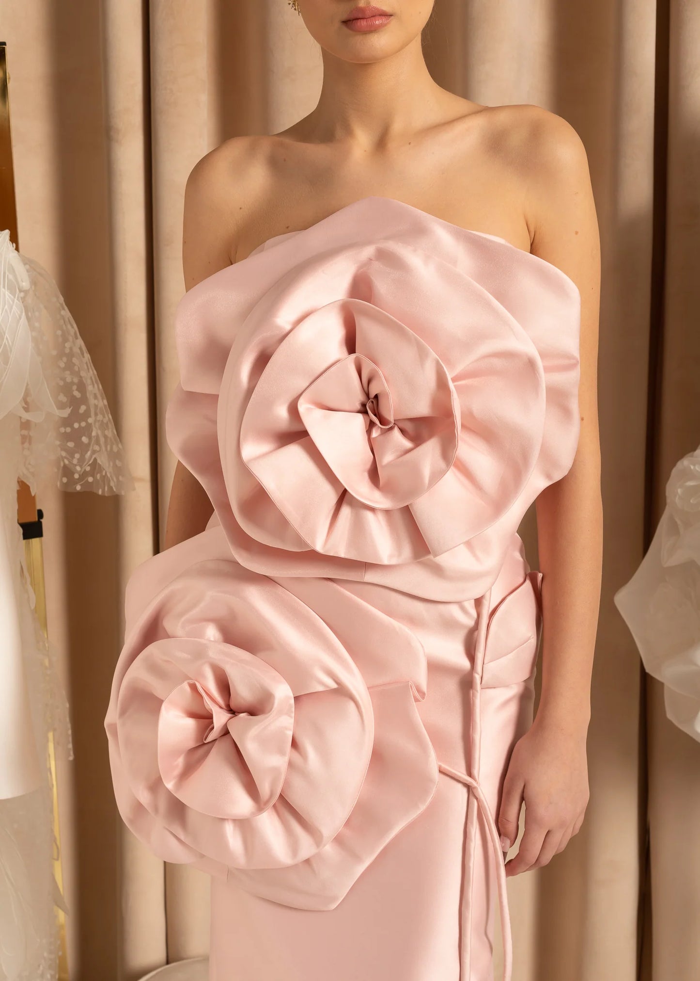 3D Sculpted Flowers Midi Dress - Light Pink